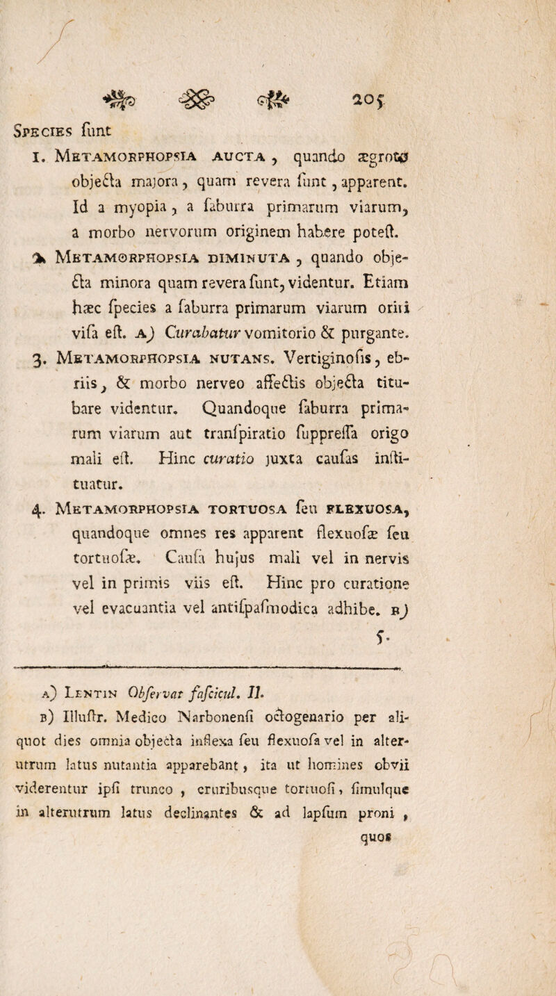 aof Species funt I. Metamorphopsia aucta , quando sgrota objefta majora , quam revera funt, apparear. Id a myopia , a faburra primarum viarum, a morbo nervorum originem habere poteft. % Metamorpkopsia diminuta , qnando obje- fta minora quam revera funt, videntur. Etiam haec fpecies a (aburra primarum viarum oriii vifa eft. a) Curabatur vomitorio & purgante. 3. Metamorphopsia nutans. Vertiginofis, eb¬ riis, & morbo nerveo affedis objefta titu¬ bare videntur. Quandoque faburra prima¬ rum viarum aut tranfpiratio fuppreffa origo mali eft. Hinc curatio juxta caufas infti- tuatur. 4. Metamorphopsta tortuosa feu flexuosa, quandoque omnes res apparent flexuofae feu tortaoCe, Caufa hujus mali vel in nervis vel in primis viis eft. Hinc pro curatione vel evacuantia vel antifpafmodica adhibe, b) f- a) Lentin Qbfervat fafcicuL Jl» b) Iiluftr. Medico Narbonenfi o<ftogenario per ali¬ quot dies omnia objecla inflexa feu fiexuofavel in alter¬ utrum latus nutantia apparebant, ita ut homines obvii viderentur ipfi trunco , cruribusque tortuofi , flmnlque in alterutrum latus declinantes & ad lapfum proni , quos