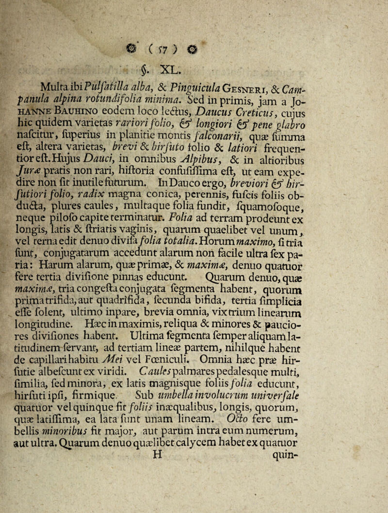 ■ ; ' ’ - x @ ( r7) ® §. XL. Mulra ihiPulfatilla alba, & PinguiculaGesneri, & Cam- p anui a alpina rotundifolia minima. Sed in primis, jam a Jo- hanne Bauhino eodem loco le&us, Daucus Creticus, cujus hic quidem varietas rariori folio, & longiori & pene glabro nafcitur, fuperius in planitie montis falconarii, quae fumma eft, altera varietas, brevi & birfuto folio & latiori frequen- tior eft. Hujus Dauci, in omnibus Alpibus, & in altioribus Jur£ pratis non rari, hiftoria confufiilima eft, ut eam expe¬ dire non fit inutile futurum. InDauco ergo, breviori & bir- futiori folio, radix magna conica, perennis, fufeis foliis ob- du&a, plures caules, multaque folia fundit, fquamofoque, neque pilofo capite terminatur. Folia ad terram prodeunt ex longis, latis & ftriatis vaginis, quarum quaelibet vel unum, vel terna edit denuo diviia folia totalia. Horum ?naximo, fi tria finit, conjugatarum accedunt alarum nori facile ultra fex pa¬ ria : Harum alarum, quas primae, & maxim<e, denuo quatuor fere tertia divifione pinnas educunt. Quarum denuo, qua» maximi, tria congeftaconjugata fegmenta habent, quorum prima trifida, aut quadrifida, fecunda bifida, tertia fimplicia efle folent, ultimo inpare, brevia omnia, vix trium linearum longitudine. Haec in maximis, reliqua & minores & paucio¬ res divifiones habent. Ultima fegmenta femper aliquam la¬ titudinem fervant, ad tertiam lineas partem, nihilque habent de capillari habitu Ai ei vel Foeniculi. Omnia hasc prae hir- futie albefeuntex viridi. Caulespalmarespedalesque multi, fimilia, fed minora, ex latis magnisque foliis folia educunt, hirfutiipfi, firmique. Sub umbella involucrum univerfale quatuor vel quinque fit foliis inaequalibus, longis, quorum, quae latifiima, ea lata fiint unam lineam. Octo fere um¬ bellis minoribus fit major, aut parum intra eum numerum, aut ultra. Quarum denuo quaelibet calycem habet ex quatuor H quin-