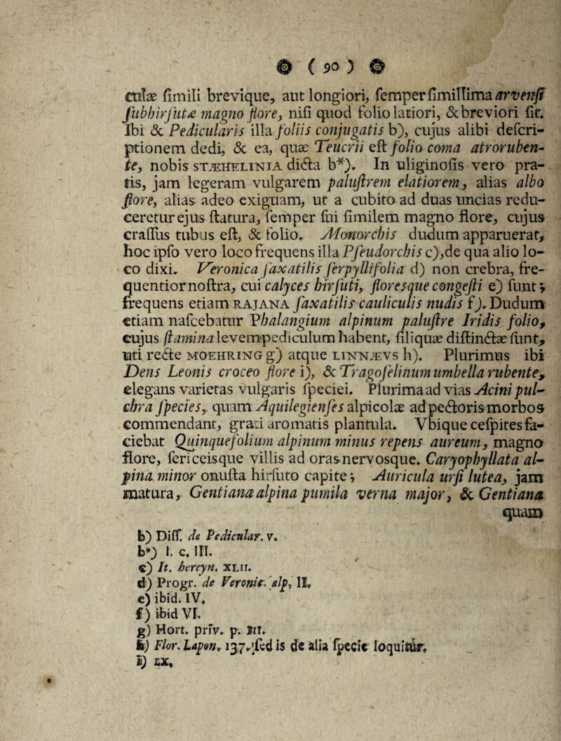 craae fimili brevique, aut longiori, femper (imillima arvenfi fubhirj'ut£ magno flore, nifi quod folio latiori, & breviori fit. Ibi &Pedicularis illa foliis conjugatis b), cujus alibi defcri- ptionem dedi, & ea, qua; Teucrii eft folio coma atroruben- te, nobis stvehelinia didla b*). In uliginofis vero pra¬ tis, jam legeram vulgarem paluftrern elatiorem, alias albo flore, alias adeo exiguam, ut a cubito ad duas uncias redu¬ ceretur ejus (latura, lemper fui fimilem magno flore, cujus crafliis tubus eft, & folio. Atonorcbis dudum apparuerat, hoc ipfo vero loco frequens illa Pfeudorchis c),de qua alio lo¬ co dixi. Veronica faxatilis ferpyllifolia d) non crebra, fre- quentiornoftra, cui calyces birfuti, floresque congefti e) funt» frequens etiam rajana faxatilis cauliculis nudis f),Dudum etiam nafcebatur Vbalangium alpinum paluftre Iridis folio, cujus flamina levempediculum habent, fi liqua; diffindte funt, uti redle moehring g) atque linnjevs h). Plurimus ibi Dens Leonis croceo flore i), &: Trago felinum umbella rubente, elegans varietas vulgaris lpeciei. Plurima ad vias Acini pul¬ chra Jpecies,. quam Aquilegienfes alpi colat ad pedtoris morbos commendant, grati aromatis plantula. Vbique cefpitesfa¬ ciebat Quinquefolium alpinum minus repens aureum, magno flore, fericeisque villis ad oras nervosque. CaryophyUata al- pina minor onufta hirfuto capite» Auricula urfi lutea, jam matura,. Gentianaalpinapumila verna major, & Gentiana b) Diff. de Pedicuhir: v. b*) i. c. III. e) It. hereyn. xlii. d) Progr. de Vermit. alp, II, e) ibid. IV, i) ibid VI. g) Hort. prfv. p. trr. fcj Flor. Lapw, 13,7 eft d is de alia (pecit loquitor, i) LX,