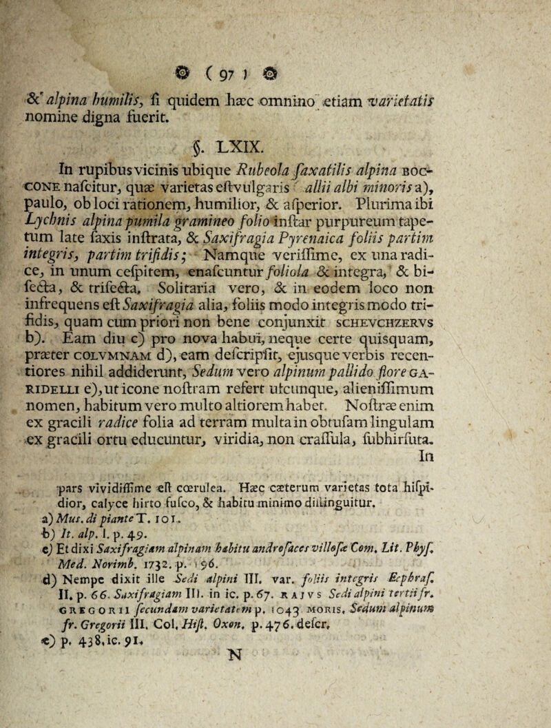 &'alpina humilis, fi quidem hxc omnino etiam 'varietatis nomine digna fuerit. $. 1LXIX. In rupibus vicinis ubique Rubeola/axatilis alpina boo cone nafeitur, qua: varietas eftvulgaris allii albi minoris a), paulo, ob loci rationem, humilior, & afperior. Plurima ibi Lychnis alpina pumila gramineo folio inftar purpureum tape¬ tum late faxis inftrata, & Saxifragi a Pyrenaica foliis partim integris, partim trifidis; Namque veriffime, ex una radi¬ ce^ in unum ceipitem, enafcuntur foliola & integra, & bi- fe£ta, & trife&a, Solitaria vero, & in eodem loco non infrequens efiSaxifragia alia, foliis modo integris modo tri¬ fidis^ quam cum priori non bene conjunxit schevchzervs b). Eam diu c) pro nova habui, neque certe quisquam, prater colvmnam d), eam defcripfit, ejusque verbis recen- tiores nihil addiderunt. Sedum vcro alpimm pallido flore ga- ridelli e), ut icone noftram refert utcunque, alieniffimum nomen, habitum vero multo altiorem habet. Noftrae enim ex gracili radice folia ad terram multa in obtufam lingulam ex gracili ortu educuntur, viridia, non craiTula, fubhirfuta. In •pars vividiflime ell coerulea. Haec ceterum varietas tota hifpb dior, calyce hirto fufco, & habitu minimo diilinguitur. a) Mus. di piante T, i o I. b) It. alp. i. p. 49. cj Et dixi Saxifragiam alvinam habitu andrefaces vilhfe Conu Lit. Vhyfl Med. Norimb. 1732. p. * 96. d) Nempe dixit ille Sedi alpini III, var. foliis integris Ecphrafl II* p. 6 6. Saxifvagiam III. in ic. p. 67. kajvs Sedi alpini tertii fr. gregorii fecujtdam varietatem p, 1043 moris. Sedum alpifium fr. Gregorii III. Coi. JHiJL Oxon. p. 474. defer. <c) p. 438,ic. pl* N