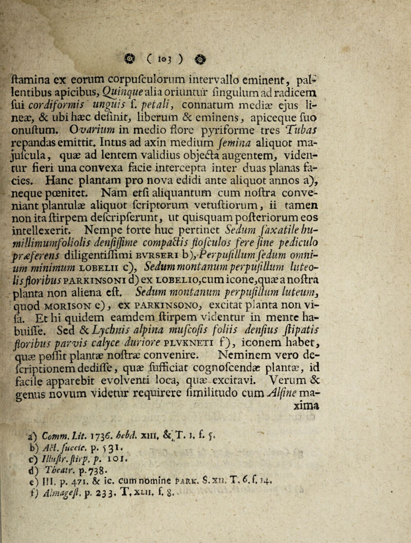 ftamina ex eorum corpufculorum intervallo eminent, pal¬ lentibus apicibus. Quinque alia oriuntur fingulum ad radicem fui cordiformis unguis f. petali, connatum mediae ejus li¬ neae, & ubi haec definit, liberum & eminens, apiceque fuo onuftum. Ovarium in medio flore pyriforme tres ‘Tubas repandas emittit* Intus ad axin medium femina aliquot ma- jufcula, quae ad lentem validius objedla augentem, viden¬ tur fieri una convexa facie intercepta inter duas planas fa¬ cies. Hanc plantam pro nova edidi ante aliquot annos a), neque poenitct. Nam etfi aliquantum cum noftra conve¬ niant plantulae aliquot fcriptorum vetufliorum, ii tamen non itaftirpem defcripferunt, ut quisquam pofteriorum eos intellexerit. Nempe forte huc pertinet Sedum faxatile bu- miHimumfoliolis denfijfme compattis flofculos fere fine pediculo proferens diligentiflimi bvrseri b f Perpufiilum fedum omni- um minimum lobelii c). Sedum montanum perpiijillum luteo¬ lis floribus parkinsoni d) ex LOBELio,cum icone,quae a noftra planta non aliena eft. Sedum montanum perpufiuum luteum, quod morison e), ex parkinsono, excitat planta non vi- fa. Et hi quidem eamdem ftirpem videntur in mente ha- buiffe. Sed & Lychnis alpina mufcofis foliis denfius flipatis floribus parvis calyce duriore plvkneti f), iconem habet, quce peflit planta noftra? convenire. Neminem vero de- fcriptionemdediffe, quae fufificiat cognofcendae planta, id facile apparebit evolventi loca, qua? excitavi. Verum & genus novum videtur requirere fimilitudo cum Alfine ma¬ xima a) Comm. Iit. 1736. bM, xm; &‘T. i. f. f. b) Aci. fuecic, p. > 31 < c) Illitftr.ftirp, p. 101. d) Tbeatr. p.738. c) III. p. 471. & ic. Cinn nomine Park* S.xn, T. <>.f. 34. i) Almagejl p. 233. T.xlii, £ g.