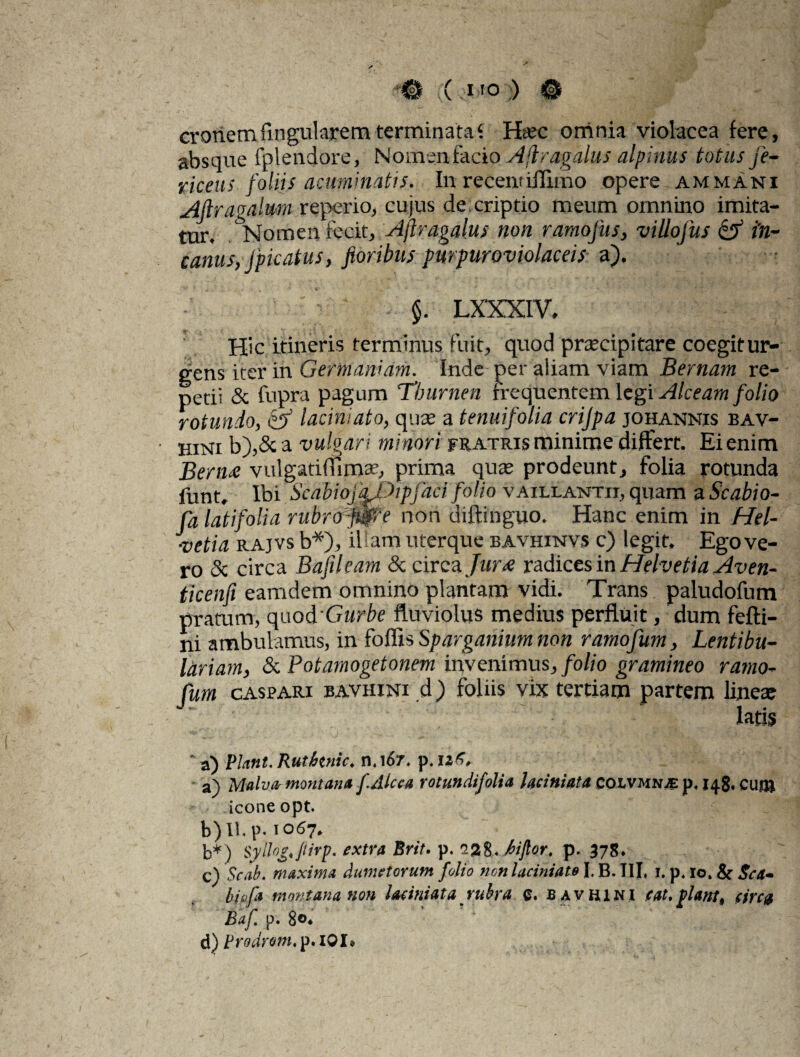 % ( .MO ;) @ eronem lingularem terminata ‘ Htec omnia violacea fere, absque fplendore, Nomen facio Ajtragalus alpinus totus fe~ riceus foliis acuminatis. In recent illimo opere ammani Aftragalum reperio, cujus de.criptio meum omnino imita¬ tur. Nomen fecit, Ajlragalus non ramofus, villofus & in¬ canus, jpicatus, floribus pwpuroviolaceis a). ■ V ' §. LXXXIV. Hic itineris terminus fuit, quod praecipitare coegitur- gens iter in Germaniam. Inde per aliam viam Bernam re¬ petii & fupra pagum Thurnen frequentem legi Alceam folio rotundo, & laciniato, quae a tenuifolia crijpa johannis bav- hini b),& a vulgar i minori fratris minime differt. Ei enim Benu vulgatidlmae, prima qute prodeunt, folia rotunda funt. Ibi ScabiojkIApfaci folio vaillantii, quam a Scabio- jfa latifolia rubrofWe non diftinguo. Hanc enim in Hel¬ vetia rajvs b*), illam uterque bavhinvs c) legit. Ego ve¬ ro & circa Bafileam & circa Jur<e radices in Helvetia Aven- ticenfi eamdem omnino plantam vidi. Trans paludofum pratum, quod Gurbe fluviolus medius perfluit, dum fefti- ni ambulamus, in follis Sparganium non ramofum, Lentibu- lariam, tkPotamogetonem invenimus, folio gramineo ramo¬ fum caspari BAVHiNi .d) foliis vix tertiam partem lincte latis ' a) Piant. Rut fonte. n. 167. p. n6. a) Malva- montana f.Alcea rotundifolia heiniati CQIvmnje p, 148, cuji) icone opt. b) IU p. 1067. b*) Syllogjtirp. extra Erit. p. 228. Mjtor. p. 378. c) Scab. maxima dumetorum folio non laciniato I. B. III, 1. p, 10. & Sca* biofa montana non laciniato, rubra e. b avhini cat.piant* circo Baf p. 8©* d) Frodrom. p. IOI»
