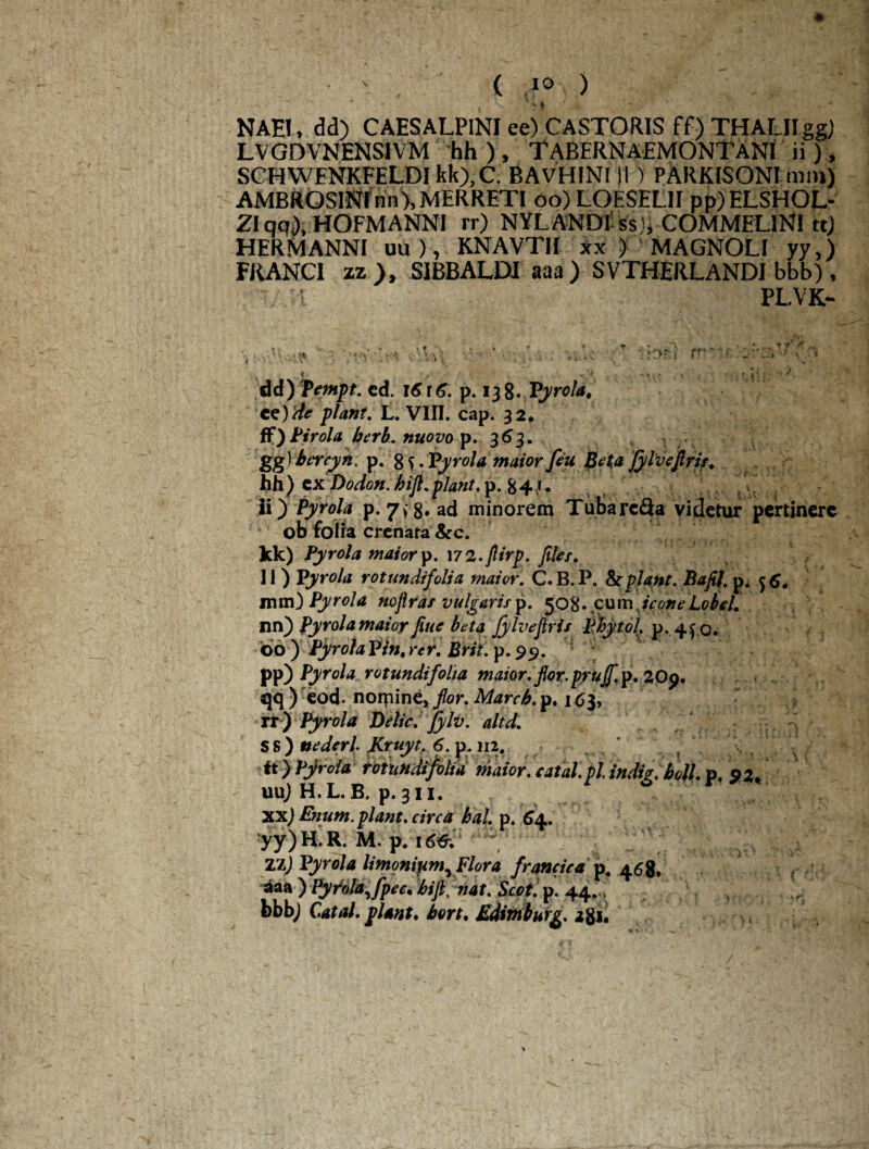 • ' ( 1° ) NAE!, dd) CAESALP1NI ee) CASTORIS ff) THALIIgg) LVGDVNENSIVM hh ) , TABERNAEMONTANI ii), SCHWENKFELDI kk),C. BAVHINI |l ) PARKISONI imn) AMBROSlNlnn),MERRETI oo) L.OESELII ppJELSHOL- Zl qqj), HOFMANN1 rr) NYLANDI ss;, COMMELlNl ttj HERMANNI uu), KNAVTI! xx ) MAGNOL! yy,) FRANCI zz ), SJBBALDI aaa ) SVTHERLANDI bbb), 1 PL.VK- dd) Petnpt. ed. I6t6. p. 138. Vyrola, K) 'de piant. L. VIII. cap. 32. ff) Pirola berb. nuovo p. 363. gg)bcrcyn. p. 8 S . Vyrola maior feu Bet.a fylveflris. hh) ex Dodon. bifi. piant. p. 84/. ii f Pyrola p. 7v8/ad minorem Tuta re<3a videtur pertinere ob folia crenata kk) Pyrola maior p. 17 2.fiirp. files. I 1) Vyrola rotundifoli a maior. C. B. P. & piant. Bafil. p. j C. m m ) Pyrola no fi ras vulgaris p. 50 8 • c u m icone LobeL nn) Pyrola maior fine beta Jylvefiris Phytol. p. 4$ o. 00 ) Pyrola Vin. rer. Brit. p. 99. PP) Pyrola rotundi folia maior, fior.pruff.p. 20$. qq ) eod. noipine* flor. Marcb. p. 163, rr) Pyrola Delie, fylv. altd. S 8 ) nederl JCruyt. 6. p. 112* it > Pflrola totnndifolia maior. catal. pl indigi boli, p, 92. uu) H.L. B. p. 311. xx) Enum. piant, circa bal. p. 64. yy)H. R. M. p. 16&. 7 ZZj Vyrola limonium^ Flora francica p. 468. aaa ) Pyrola, fpee. bifi, nat. Scoti p. 44., bbb) Catal. piant, bort. Edmburg. 2^1.