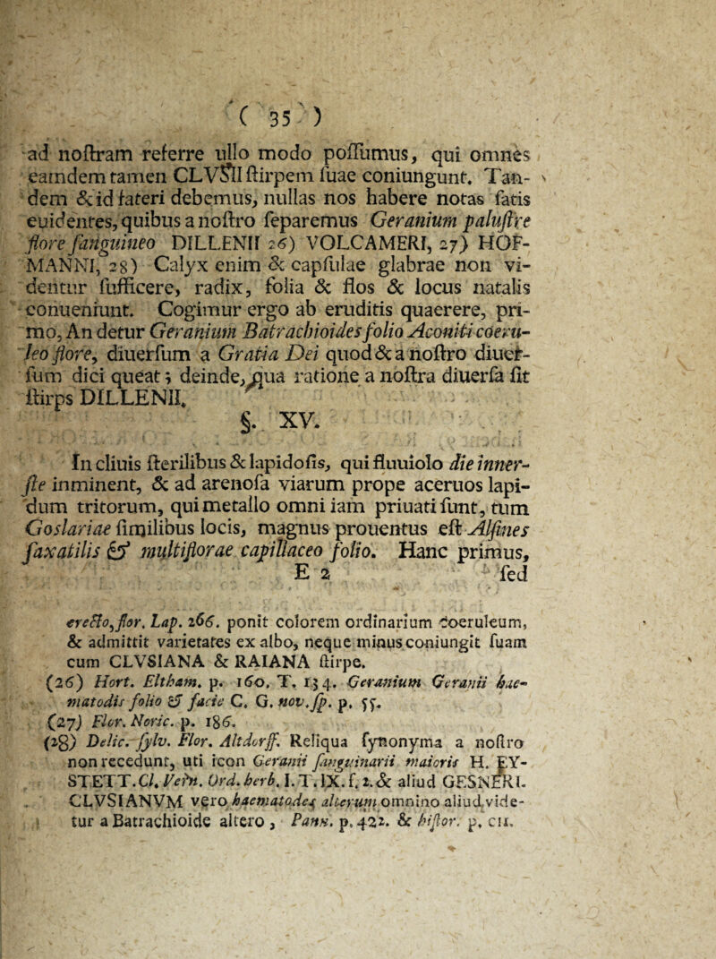 ad noftram referre ullo modo poiTumus, qui omnes earndem tamen CLV&I ftirpem fuae coniungunt* Tan¬ dem & id fateri debemus* nullas nos habere notas fatis euidentes,quibusanoftro feparemus Geranium paluftre flore fanguineo DILLENIf 26) VOLCAMERI, 27) HOF- MANNI, 28) Calyx enim & capfulae glabrae non vi¬ dentur fufficere, radix, folia & flos & locus natalis cbriueniunt Cogimur ergo ab eruditis quaerere, pri¬ mo, An detur Geranium Bairacbioidesfolio Aconiti coeru¬ leo flore > diuerfum a Gratia Dei quod&a noftro diuef- ium dici queat \ deinde* oua ratione a noftra diuerfa fit fiirps DILLENII* ' §. XV. In cliuis Herilibus & lapido fis* qui fluuiolo die inner- fte in minent, & ad arenofa viarum prope aceruos lapi¬ dum tritorum, qui metallo omni iam priuatifunt, tum Goslariae finjilibus locis* magnus prouentus eRAlfmes faxatilis & multiflorae capillaceo folio. Hanc primus* E 2 fed erefto^for. Lap. 266. ponit eoiorem ordinariam Coeruleum, & admittit varietates exalbo, neque minusconiungit fuam cum CLVSIANA & RAIANA ftirpe. (26) Hort. Eltham. p. 160, T. 154. Geranium Geranii hac- matodis folio & facie C, G. nov.fp. p, 5^ C27) Flor. Noric. p. 18 ^ (2g) Delie, fylv. Flor. Alt dorff. Reliqua fynonyma a no (Iro non recedunt, uti icon Geranii pwguinarii maioris H, EY- STETT.C/. Vetn. Ord. herb. I. T. IX. f. i.& aliud GESNERL CLVSIANVM vero haematode4 alumni omnino aliud,vide¬ tur a Batrachioide altero * Fann. pt.f22. & iiflor. p* cu.