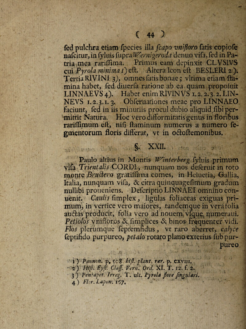 * . • J. « ir w4 i • > fed pulchra etiam fpecies illa fcapo vnifioro fatis copiofe nafcitur, in fyluis fupra Wernigeroda denuo vifa, fed in Pa¬ tria mea rarilTima. Primus eam depinxit CL.VSIVS cui Pyrola minima i) eft. Altera Icon eft BESLERl 2 ). Terria RIVI NI 3), omnes fatis bonae,* vltima etiam fla¬ mina habet, fed diuerfa ratione ab ea quam propoluit LINNAEVS 4). Habet enim R1VINVS 1.2.2.3.2.LIN- NEVS 1.2.3,1.3. Obferuationes meae pro LINNAEO faciunt, fed in iis minutiis procul dubio aliquid.libi per¬ mittit Natura. Hoc vero difformitatis genus in floribus rariflimum eft, nili flaminum numerus a numero Te¬ gmentorum floris differat, vt in odoftemonibus. ; ■ ..... . §.; XXII. , ,iy Paulo altius in Montis W^interberg fyluisprimum vifa Trientalis CORDI, nunquam nos deferuitin foto monte Bructero gratillima comes, in Heluetia, Gallia, Italia, nunquam vifa, & citra quinquagefimum gradum nullibi proueniens. Deferiptio LINNAEI omnino con- uenif. Caulis fimplex, ligulas foliaceas exiguas pri¬ mum, in vertice vero maiores, tandemque in vera folia audtas producit, folia vero ad nouem vfque, numeraui. Petiolos vniflor.os & limplices & binos frequenter vidi. Flos plerumque fepremndus, vt raro aberret, calyce feptifido purpureo, petalo rotato plano exterius fub pur- ' ■ ■ '** • \ pureo 1 ‘ • * i ) Pannon. p# hift. piant. rar. p, cxviii. -2) Hi fis Eyjt\ Clajf. Vcm. Ord. XI. T. 12. f. 2. 3 ) P en rapa. frreg. T. ult. Pyrola fore fingylari. 4) Flor.Lapon. 157, ' ‘ 
