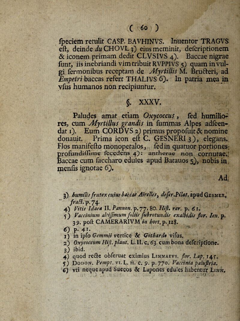 fpeciem retulit CASP. BAVHINVS. Inuentor TRAGVS eft, deinde du CHOVL 3) eius meminit, defcriptionem & iconem primam dedit CLVSIVS 4). Baccae nigrae funt, iis inebriandi vim tribuit RVPPIVS 5) quam in vul¬ gi Termonibus receptam de Afyrtillis M. Brufreri, ad Empetri baccas refert THALIVS 6). In patria mea in vfus humanos non recipiuntur. §. XXXV. ' , Paludes amat etiam Oxycoccus, fed humilio^ res, cum Afyrtillus grandis in fummas Alpes adfcen- dat 1). Eum CORDVS 2) primus propofuit& nomine donauit. Prima icon eft C. GESNERI 3), elegans. Flos manifefto monopetalos, fedin quatuor portiones profundifllme fecedens 4): antherae non cornutae. Baccae cum faccharo edules apud Batauos 5), nobis in. menfis ignotae 6). Ad 3) humilis frutex cuius baccae Airelles, defer.Pilat, apud Gesner» frafl. p. 74. 4) Vitis Idaea II. Pannon. p.77. 80, Hijl. rar, p. 6t. Vaccinium altijjmum foliis fubrotundis exalbidi/ flor* Ien. p. 39, poft CAMERARIVM /V/ 6j p. 4^. 1) in ipfo Gcmmii vertice & Gotbard9 vifus. 2) Oxycoccum Hijl. flant. L. II. c. cum bona defcriptjone. 3) ibid. 4) quod re£Ie obferuat eximius Linnaevs. flor. Lap. 14^. 5) Dodon. Vempt. vi. L. 11. c. 9. p. 770. Vaccinia paluftria. 6) vti neque apud Suecos & Lapones edules habentur Lin*.