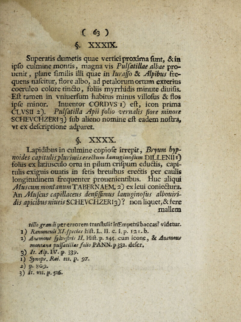 € % ) §. xxxix. ■ - Superatis dumetis quae vertici proxima funt, &in ipfo euimine mantis, magna vis Pulfat illae albae pro uenit , plane fimilis illi quae in lurajfo Sc Alpibus fre¬ quens nafcitur, flore albo, ad petalorum ortum exterius coeruleo colore tin&o, foliis myrrhidis minute diuifis. £ft tamen in vniuerfum habitus minus villofus & flos ipfe minor. Inuentor CORDVS i) eft, icon prima CLVS1I a). Pulfatilia Apii folio vernalis flore minore SCHEVCHZER’13) fiib alieno nomine efl eadem noflra* vt ex defcriptione adparet, $. xxxx. Lapidibus in culmine cepiofe irrepit , Bryum byp- noides capitulisplurimijerechum lanugmojkm DILLENlii) foliis ex iatiuscuio ortu in pilum crifpum eduflis, capi¬ tulis exiguis ouatis in fetis breuibus ere&is per camis longitudinem frequenter proueniendbus, Huc aliqui Aius cum montanum TABERNAEM* 2) ex leui coniefrura. An Aiufcus capillaceus denfiffimus lanuginofus albottiri- dis apkUmnmeMSCHEVCHZER13) ? non liquet,&f ere mallem tillo grmdiytr errnrem franM^^ aceas? \videtiur. 1) RanunculiXI. jpecus jhift. L, U. c. I. p. ! 2 1. b. 2) Anemone fyhvtflris II. Hift. p. cum icone, & AmMme montana pulfatilUefalio PAKN. p 382. defer, 3) It. Alp. W. p. 339. 1) Symps. Hat. an, p. $7. 2) p. #02« 3) It. V31, p. 5135.