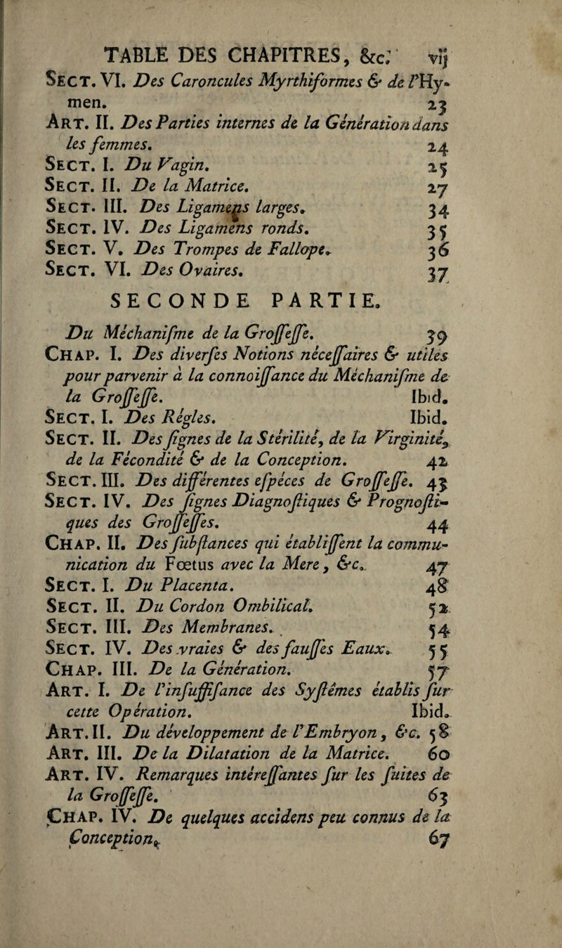 TABLE DES CHAPITRES, &c; vij Se CT. VI. Des Caroncules Myrthiformes & de P Hy* men. 23 Art. II. Des Parties internes de la Génération dans les femmes. Sect. I. Du Vagin. Sec T. II. De la Matrice. Sect. III. Des LigameÿS larges. Sect. IV. Des Ligamens ronds. Sect. V. Des Trompes de Fallope» Sect. VI. Des Ovaires. SECONDE PARTIE. 24 25 27 34 35 36 37. 39 Du Méchanifme de la Grojfejfe. Ch AP. I. Des diverfes Notions nèceffaires & utiles pour parvenir a la connoijfance du Méchanifme de la Grojfejfe. Ibid. Sect. I. Des Régies. Ibid. Sect. II. Desfignes de la Stérilité, de la Virginité\ de la Fécondité & de la Conception. 42 SECT. III. Des différentes efpéces de Grojfejfe. 43 SECT. IV. Des fgnes Diagnofiques & Prognofli- ques des GrojJ'ejfes. 44 Chap. II. Des fubjlances qui étahliffent la commu¬ nication du Fœtus avec la Mere , &c.. Sect. I. Du Placenta. SECT. II. Du Cordon Ombilical. Sect. III. Des Membranes. Sect. IV. Des.vraies & desfaujj'es Eaux... CHAP. III. De la Génération. Art. I. De Pinfujffance des Syfêmes établis fur cette Op ération. Ibid. Art. II. Du développement de VEmbryon y &c. 58 Art. III. De la Dilatation de la Matrice. 60 Art. IV. Remarques intéreffantes fur les fuites de la Grojfejfe. 63 P H AP. IV. De quelques accidens peu connus de la Conception* 67 47 48 52 54 55 57