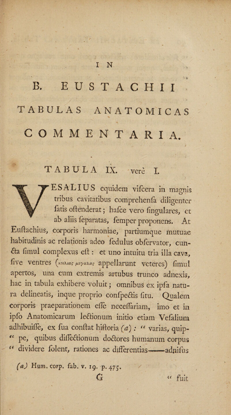 r I N B. EUST A C H I I TABULAS ANATOMICAS COMMENTARIA. TABULA IX. vere I. ES ALIUS equidem vifcera in magnis tribus cavitatibus comprehenfa diligenter latis oftenderat; halce vero lingulares, et ab aliis feparatas, femper proponens. At Euflachius, corporis harmoniae, partiumque mutuae habitudinis ac relationis adeo ledulus obiervator, cun- & limul complexus eft : et uno intuitu tria illa cava, live ventres ( v.oiXiag appellarunt veteres) limul apertos, una cum extremis artubus trunco adnexis, hac in tabula exhibere voluit; omnibus ex ipfa natu¬ ra delineatis, inque proprio conlpe&is litu. Qualem corporis praeparationem elTe neceflariam, imo et in ipfo Anatomicarum lettionum initio etiam Vefaiium adhibuilTe, ex fua conllat hiftoria (a) : “ varias, quip- “ pe, quibus dide&ionum do&ores humanum corpus “ dividere folent, rationes ac differentias-—— adnifus (a) H«m, corp. fab. v. 19. p. 475. G / fuit