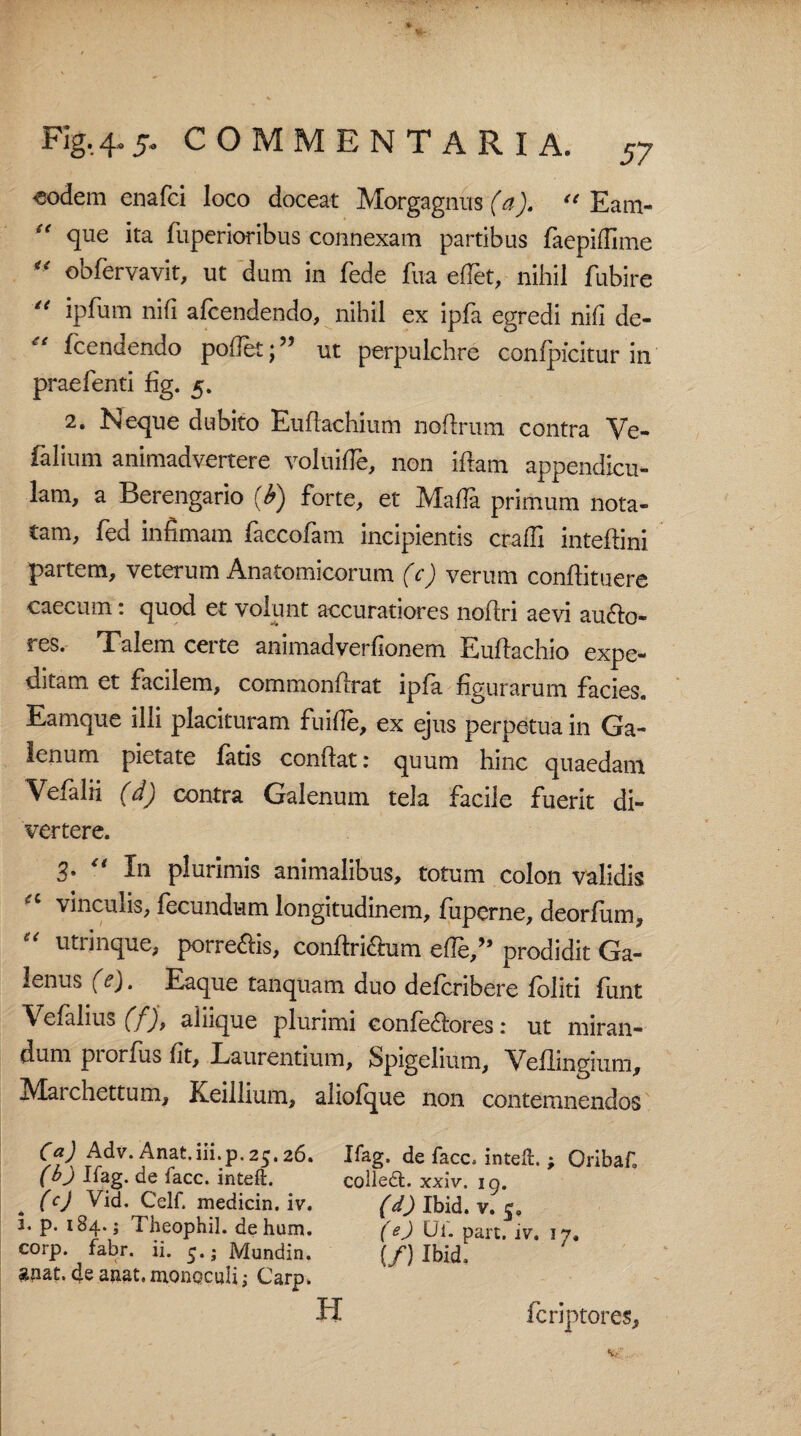 «oiem enafci loco doceat Morgagnus (a). “ Eam- “ que ita fuperioribus connexam partibus faepiflime 44 obfervavit, ut dum in fede fua efiet, nihil fubire e< ipfum nili afcendendo, nihil ex ipfa egredi nifi de-  fcendendo pollet;” ut perpulchre confpiciturm praefenti fig. 5. 2. Neque dubito Eufiachium nofirum contra Ve- falium animadvertere voluifie, non illam appendicu¬ lam, a Berengario (£) forte, et Mada primum nota¬ tam, fed infimam faccofam incipientis crafii intefiini paitem, veterum Anatomicorum (c) verum conllituere caecum: quod et volunt accuratiores nollri aevi aufto- ^ es. Talem ceite ammadverfionem Eullachio expe¬ ditam et facilem, commonftrat ipfa figurarum facies. Eamque illi placituram fuifie, ex ejus perpetua in Ga¬ lenum pietate fatis confiat: quum hinc quaedam Vefalti (d) contra Galenum tela facile fuerit di¬ vertere. 3* “ In plurimis animalibus, totum colon validis vinculis, fecundum longitudinem, fupcrne, deorfum, “ utrinque, porre<fiis, confiri&um elTe,” prodidit Ga¬ lenus (c). Eaque tanqtiam duo defcribere foliti funt Vefalius (f), aliique plurimi confe&ores: ut miran¬ dum prorfus fit, Laurentium, Spigelium, Veflingium, Mai chettum, Keillium, aliolque non contemnendos (a) Adv. Anat.iii.p. 25.26. Ifag. de facc. inteft. ; Oribaf. (0) Ifag. de facc. inteft. colledt. xxiv. ig. (c) Vid. Celf. medicin. iv. (d) Ibid. v. 5. 3. p. 184.; Theophil. dehum. (e) Ul'. part. iv. 17. corp. fabr. ii. 5.;Mundin. {/} Ibid. anat. de anat, monoculi; Carp. H fcriptores.