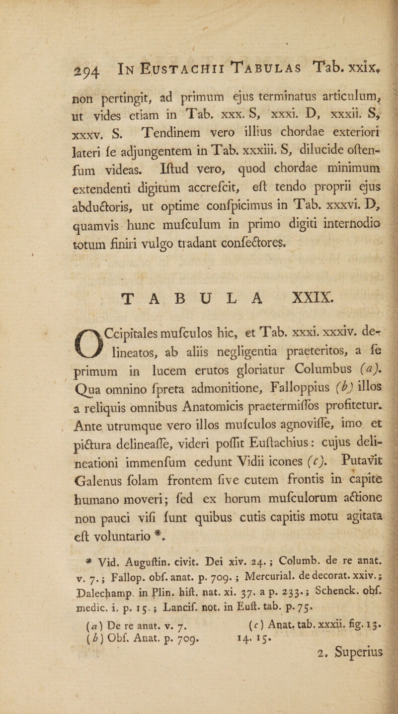 non pertingit, ad primum ejus terminatus articulum, ut vides etiam in Tab. xxx. S, xxxi, D, xxxii. S, xxxv. S. Tendinem vero illius chordae exteriori lateri fe adjungentem in Tab. xxxiii. S, dilucide often» fum videas. Iftud vero, quod chordae minimum extendenti digitum accrefcit, eft tendo proprii ejus abdu&oris, ut optime confpicimus in Tab. xxxvi. D, quamvis hunc mufculum in primo digiti internodio totum finiri vulgo tradant confe&ores. TABULA XXIX. OCcipitales mufculos hic, et Tab. xxxi. xxxiv. de- lineatos, ab aliis negligentia praeteritos, a fe primum in lucem erutos gloriatur Columbus (a). Qua omnino fpreta admonitione, Falloppius (b) illos a reliquis omnibus Anatomicis praetermifios profitetur. Ante utrumque vero illos mufculos agnovifie, imo et pi&ura delineafle, videri poflit Euftachius: cujus deli¬ neationi immenfum cedunt Vidii icones (c). Putavit • v Galenus folam frontem five cutem frontis in capite humano moveri; fed ex horum mufculorum affione non pauci vifi funt quibus cutis capitis motu agitata eft voluntario * Vid. Auguftin. civit. Dei xiv. 24.; Columb. de re anat. v. 7.; Fallop. obf. anat. p. 709.; Mercurial. de decorat, xxiv. 5 Dalecbamp. in Plin. bift. nat. xi. 37. a p. 233.; Schenck. obf medie, i. p. 15.; Lancif. not. in Euit. tab. p. 75. (a) De re anat. v. 7. (c) Anat. tab. xxxii. fig.13. (b) Obf. Anat. p. 709. 14. 15» 2» Superius