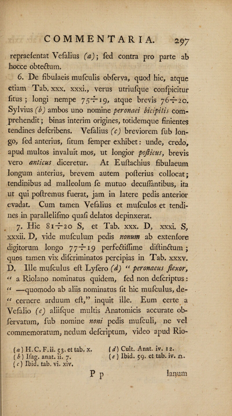 2$>7 repraefentat Yefalius (a)\ fed contra pro parte ab hocce obtectum. 6. De fibulaeis mufculis obferva, quod hic, atque etiam Tab. xxx. xxxi., verus utriufque conlpicitur fitus ; longi nempe 75-7-19, atque brevis 76-7-20. Sylvius (b) ambos uno nomine peronaei bicipitis com¬ prehendit ; binas interim origines, totidemque finientes tendines delcribens. Yefalius (c) breviorem fub lon¬ go, fed anterius, fitum femper exhibet: unde, credo, apud multos invaluit mos, ut longior pofiicus, brevis vero anticus diceretur. At Euftachius fibulaeum longum anterius, brevem autem pofterius collocat; tendinibus ad malleolum le mutuo decufiantibus, ita ut qui poliremus fuerat, jam in latere pedis anterior evadat. Cum tamen Yefalius et mufculos et tendi¬ nes in parallelifino quali delatos depinxerat. 7. Hic 81-7-20 S, et Tab. xxx. D, xxxi. S, xxxii. D, vide mufculum pedis nonum ab extenlore digitorum longo 77-7-19 perfe&iftlme diftin&um; quos tamen vix diferiminatos percipias in Tab. xxxv. D. Ille mufculus eft Lyfero (d) u peroneieus flexor, a Riolano nominatus quidem, fed non deferiptus : il —quomodo ab aliis nominatus fit hic mufculus, de- “ cernere arduum eft,” inquit ille. Eum certe a Vefalio (e) aliifque multis Anatomicis accurate ob~ fervatum, fub nomine noni pedis mufculi, ne vel commemoratum, nedum deferiptum, video apud Rio- {a) H.C. F.ii. 53. et tab. x. (d) Cult. Anat. iv. 12, { b ) Ifag. anat. ii. 7. (e ) Ibid. 59. et tab. iv. 0.° { c) Ibid. tab. vi. xiv. P p lanum
