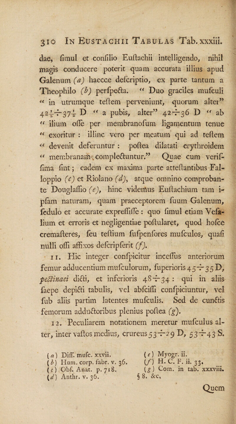 dae, firnul et confilio Euftachii intelligendo, nihil magis conducere poterit quam accurata illius apud Galenum (a) haecce defcriptio, ex parte tantum a Theophilo (b) perfpeCta. “ Duo graciles mufculi “ in utrumque tefrem perveniunt, quorum alter” 42^r^*37i- D “ a pubis, alter” 42-7-36 D “ ab u ilium ode per membranofum ligamentum tenue “ exoritur : illinc vero per meatum qui ad teftem “ devenit deferuntur : poftea dilatati erythroidem “ membranaih.complectuntur.” Quae cum verif- fima fint; eadem ex maxima parte atteflantibus Fal- loppio (c) et Riolano (d)9 atque omnino comproban¬ te Dougladio (e), hinc videmus Euftachium tam i- pfam naturam, quam praeceptorem fuum Galenum, fedulo et accurate expreffide : quo fimul etiam Yefa- lium et erroris et negiigentiae poflularet, quod hofce cremafteres, feu teftium fufpenfores mufculos, quafi nulli odi affixos defcrip ferit (f). 11. Hic integer confpicitur incedlis anteriorum femur adducentium mufculorum, fuperioris 45-7- 3 5 D, peffinaei diCti, et inferioris 48*7-34: qui in aliis faepe depiCti tabulis, vel abfcifli confpiciuntur, vel fub aliis partim latentes mufculis. Sed de cunCtis femorum adduCtoribus plenius poftea (g). 12. Peculiarem notationem meretur mufculus al¬ ter, inter vaftos medius, crureus 53-7-2 9 D, 53 • 43 b» (a) Diff. mufc. xxvii, {e) Myogr. ii. (£) Hum. corp. fabr. v. 36. {/) H. C. F. ii. 33. (c) Obf. Anat. p. 718. (g) Com. in tab. xxxviii. (</} Anthr. v. 36. § B. &c. Quem