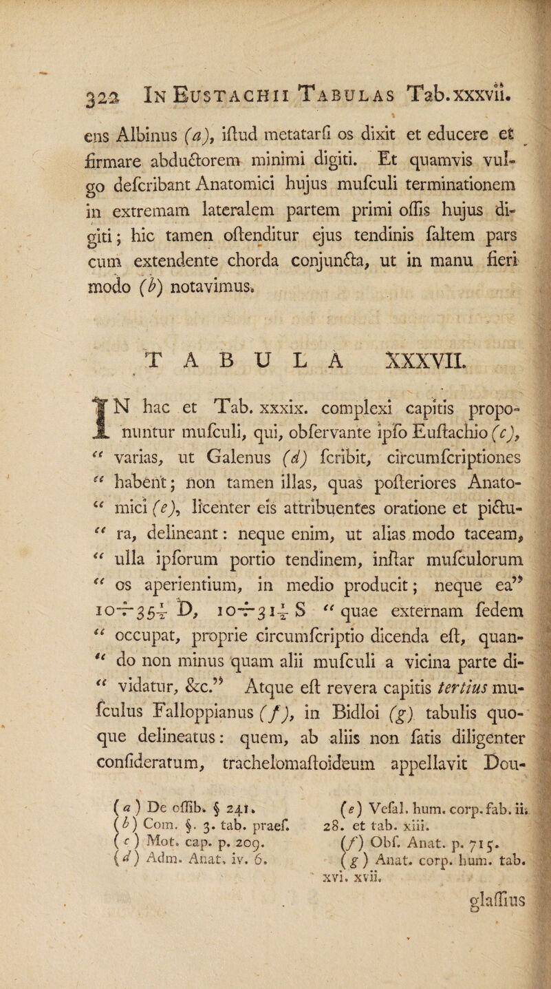 ens Albinus (a), iftud metatarfi os dixit et educere et firmare abdu&orem minimi digiti. Et quamvis vul¬ go defcribant Anatomici hujus mufculi terminationem in extremam lateralem partem primi offis hujus di¬ giti; hic tamen oftenditur ejus tendinis faltem pars cum extendente chorda conjun&a, ut in manu fieri modo (b) notavimus. TABULA XXXVII. IN hac et Tab. xxxix. complexi capitis propo¬ nuntur mufculi, qui, obfervante ipfo Euftachio (c), “ varias, ut Galenus (d) fcribit, eircumfcriptiones “ habent; non tamen illas, quas pofteriores Anato- “ micif*), licenter eis attribuentes oratione et piftu- “ ra, delineant: neque enim, ut alias modo taceam, u ulla ipforum portio tendinem, inftar mufculorum “ os aperientium, in medio producit; neque ea’* io-7-354- D, io-f-^i-S “quae externam fedem “ occupat, proprie circumfcriptio dicenda eft, quan- “ do non minus quam alii mufculi a vicina parte di- “ vidatur, &c.’? Atque eft revera capitis tertius mu- fculus Falloppianus (f), in Bidloi (g) tabulis quo¬ que delineatus: quem, ab aliis non fatis diligenter confideratum, trachelomaftoideum appellavit Dou- ( a ) De offib. § 241. (b) Com. §.3. tab. praef. ( r ) Mot. cap. p. 209. (d) Adm. Anat. iv. 6. (e) Vefal. hum. corp.fab. iii 28. et tab. xiii. f) Obf. Anat. p. 715. g) Anat. corp. hum. tab. xvi. xvii, glaffius