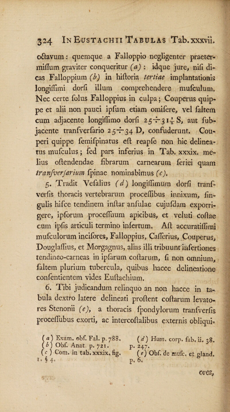 oftavum: quemque a Falloppio negligenter praeter» miflum graviter conqueritur (a) 1 idque jure, nifi di- cas Falloppium (b) in hiftoria tertiae implantationis longiffimi dorfi illum comprehendere mufculum. Nec certe folus Falloppius in culpa; Couperus quip* pe et alii non pauci ipfum etiam omifere, vel faitem cum adjacente longifiimo dorfi 25-7-314 S, aut fub- jacente tranfverfario 25-7-34 D, confuderunt, Cou- peri quippe fernifpinatus eft reapfe non hic delinea- tus mufculus; fed pars inferius in Tab. xxxix. me^ lius oftendendae fibrarum carnearum feriei quam tranfverjarium fpinae nominabimus (c), 5. Tradit Vefalins (d) longiffimum dorfi tranf- verfis thoracis vertebrarum proceffibus innixum, fin- gulis hifce tendinem inftar anfulae cujufdam exporri¬ gere, ipforum procefiuum apicibus, et veluti cofiae cum ipfis articuli termino infertum, Aft accuratiffimi mufculorum incifores, Falloppius, Cafierius, Couperus, Douglafiius, et Morgagnus, alias illi tribuunt infertiones tendineo-carneas in ipfarum coftarum, fi non omnium, faitem plurium tubercula, quibus hacce delineatione confentientem vides Eufiachium. 6. Tibi judicandum relinquo an non hacce in ta¬ bula dextro latere delineati proflent coftarum levato- res Stenonii (e), a thoracis fpondylorum tranfverfis proceftubus exorti, ac intercoftalibus externis obliqui- (a) Exam. obf. Fal. p.788. (d) Hurn, corp. fab. ii. 38. (£) Obf. Anat. p. 721. p. 247. ( c ) Gom. in tab. xxxix, fig. ( e) Obf, de mufc. et gland. 1* § 4« p» 6» ores.
