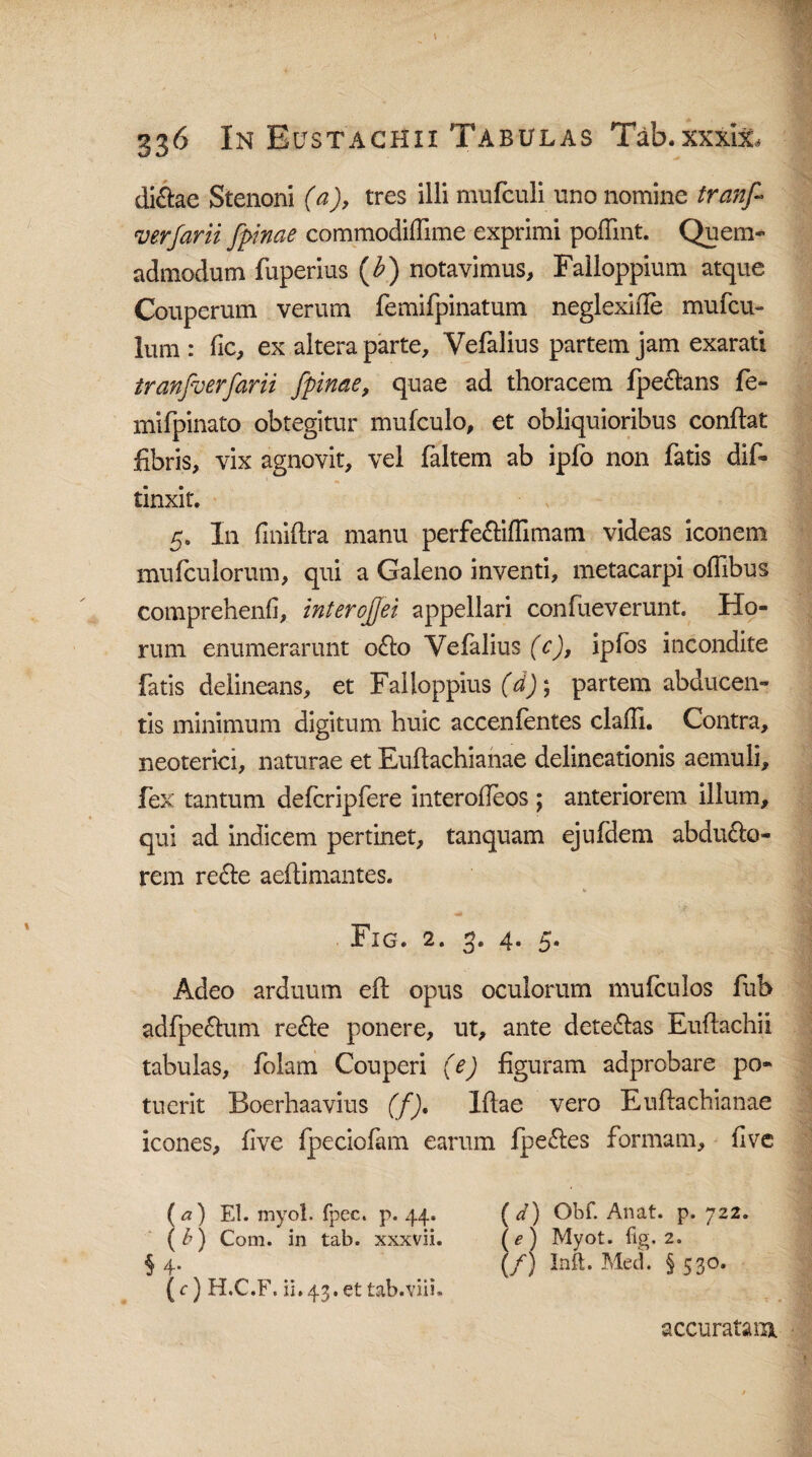 didae Stenoni ftf), tres illi mufculi uno nomine tranf verfarii fpinae commodidime exprimi poffint. Quem¬ admodum fuperius (b) notavimus, Falloppium atque Couperum verum femifpinatum neglexide mufcu- lum : fic, ex altera parte, Vefalius partem jam exarati tranfaerfarii fpinae, quae ad thoracem fpedans fe- mifpinato obtegitur mufculo, et obliquioribus condat fibris, vix agnovit, vel faltem ab ipfo non fatis dif¬ finxit. 5. In fmiftra manu perfedidimam videas iconem mufculorum, qui a Galeno inventi, metacarpi offibus comprehenfi, interofjei appellari confueverunt. Ho¬ rum enumerarunt odo Vefalius (c), ipfbs incondite fatis delineans, et Falloppius (-d)\ partem abducen¬ tis minimum digitum huic accenfentes cladi. Contra, neoterici, naturae et Eudachianae delineationis aemuli, fex tantum defcripfere interoileos ; anteriorem illum, qui ad indicem pertinet, tanquam ejufdem abdudo- rem rede aeftimantes. V «I» \ Fig. 2. 3. 4. 5. Adeo arduum ed opus oculorum mufculos fub adfpedum rede ponere, ut, ante detedas Eudachii tabulas, folam Couperi (e) figuram adprobare po¬ tuerit Boerhaavius (f), Idae vero Eudachianae icones, five fpeciofam earum fpedes formam, flve (a) EI. myol. fpec. p. 44. (</) Obf. Anat. p. 722. (£) Com. in tab. xxxvii. (e) Myot. fig. 2. § 4. _ (/) Init. Med. § 530. (r) H.C.F. ii.43.ettab.viii. accuratam