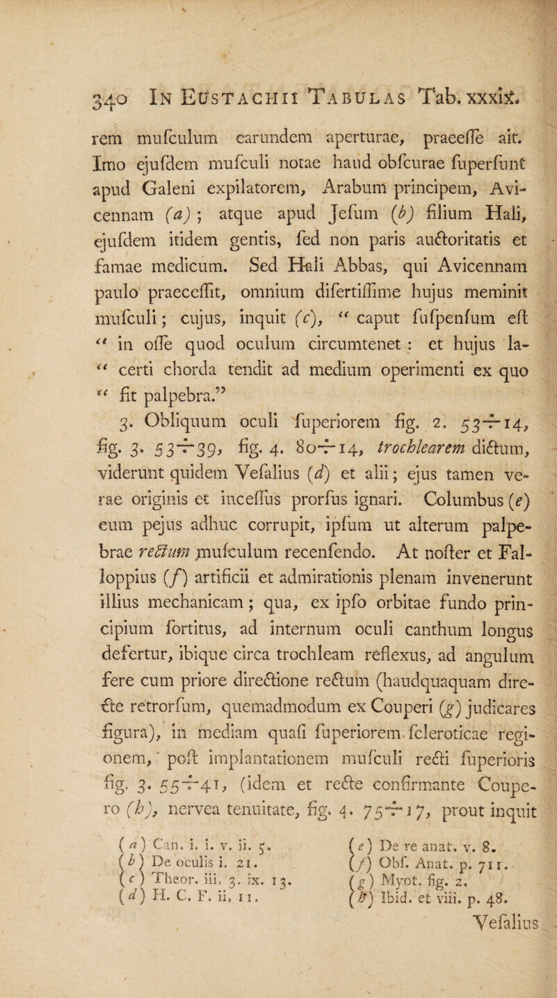 rem mufculum carundem aperturae, praeefle ait. Imo ejufdem mufculi notae haud obfcurae fuperfunt apud Galeni expilatorem, Arabum principem, Avi- cennam (a) ; atque apud Jefum (b) filium Hali, ejufdem itidem gentis, fed non paris au&oritatis et famae medicum. Sed Hali i\bbas, qui Avicennam paulo praeceflit, omnium difertiflime hujus meminit mufculi; cujus, inquit (c), “caput fufpenfum eft <l in olle quod oculum circumtenet : et hujus la- “ certi chorda tendit ad medium operimenti ex quo “ fit palpebra.’5 3. Obliquum oculi fuperiorem fig. 2. 53-7-14, fig. 3. 53~t~39, fg-4. 80-7-14, trochlearem di&um, viderunt quidem Vefalius (d) et alii; ejus tamen ve¬ rae originis et inceffus prorfus ignari. Columbus {e) eum pejus adhuc corrupit, ipfum ut alterum palpe¬ brae retium mufculum recenfendo. At nofter et Fal- loppius (/) artificii et admirationis plenam invenerunt illius mechanicam; qua, ex ipfo orbitae fundo prin¬ cipium fortitus, ad internum oculi canthum lonmis defertur, ibique circa trochleam reflexus, ad angulum fere cum priore directione reCtum (haudquaquam dire- £te retrorfum, quemadmodum ex Couperi (g) judicares figura), in mediam quafi fuperiorem fcleroticae regi¬ onem, ' poli implantationem mufculi redii fuperioris fig. 3. 55-7-41, (idem et reCte confirmante Coupe- ro (h), nervea tenuitate, fig, 4. 75— j 7, prout inquit (a) Can. i. i. v. ji. (*) De re anat. v. 8. (/) Obf. Anat. p. 711. Vefalius