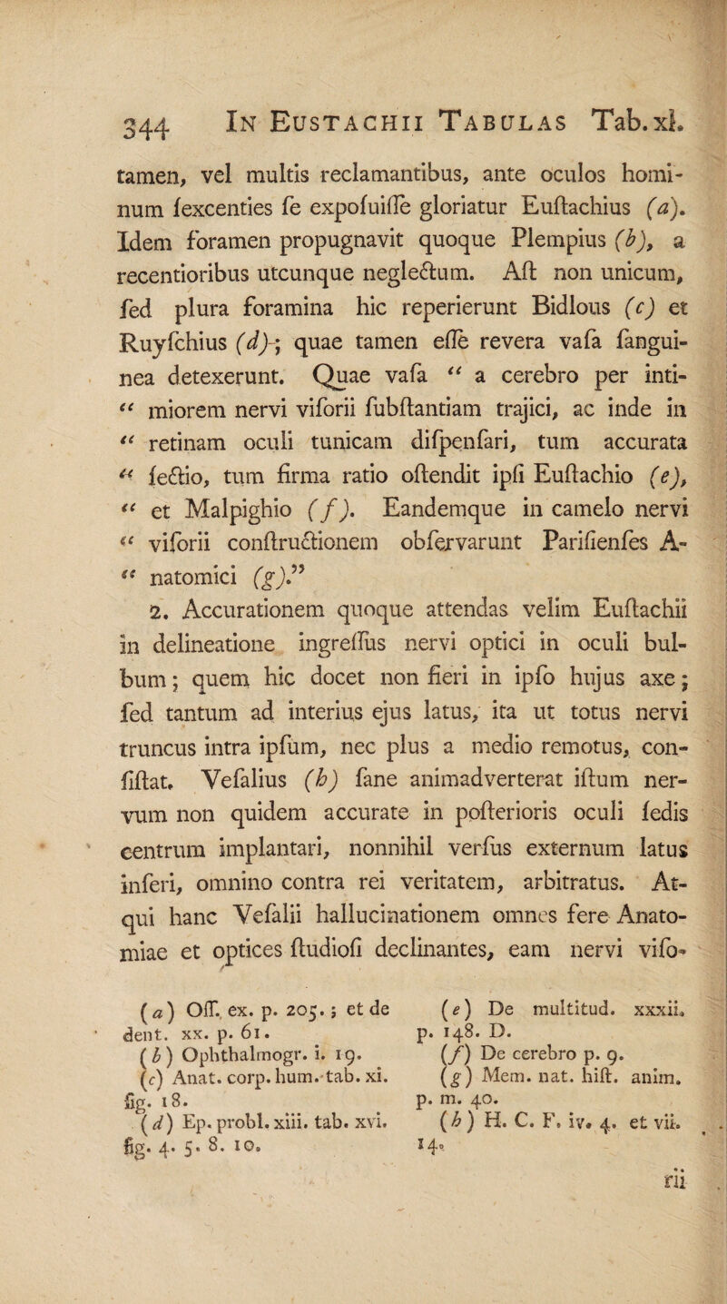 tamen, vel multis reclamantibus, ante oculos homi¬ num iexcenties fe expofuifte gloriatur Euftachius (a). Idem foramen propugnavit quoque Plempius (b), a recentioribus utcunque negle&um. Ait non unicum, fed plura foramina hic reperierunt Bidlous (c) et Ruyfchius (d)-, quae tamen ede revera vafa fangui- nea detexerunt. Quae vafa “ a cerebro per inti- <e miorem nervi viforii fubftantiam trajici, ac inde in t( retinam oculi tunicam difpenfari, tum accurata (l fe£lio, tum firma ratio ofiendit ipli Euftachio (e), et Malpighio (f). Eandemque in camelo nervi viforii conilru&ionem obfervarunt Parifienfes A- ee natomici (g)” 2. Accurationem quoque attendas velim Euftachii in delineatione ingrefius nervi optici in oculi bul¬ bum; quem hic docet non fieri in ipfo hujus axe; fed tantum ad interius ejus latus, ita ut totus nervi truncus intra ipfum, nec plus a medio remotus, con- fiftat. Vefalius (b) fane animadverterat illum ner¬ vum non quidem accurate in poilerioris oculi fedis centrum implantati, nonnihil verius externum latus inferi, omnino contra rei veritatem, arbitratus. At¬ qui hanc Vefalii hallucinationem omnes fere Anato- miae et optices ftudiofi declinantes, eam nervi vifo* (a ) OfT. ex. p. 205.; et de dent. xx. p. 61. (£) Ophthalmogr. i. 19. (c) Anat. corp. hum. tab. xi. fig. 18. ( d) Ep. probi, xiii. tab. xvi. fig. 4* 5 * ^ (e) De multitud. xxxii. p. 148. D. (f) De cerebro p. 9. (g) Mem. nat. hift. anim. p. m. 40. (b) H. C. F. iv* 4. et vii. 14,. ru-