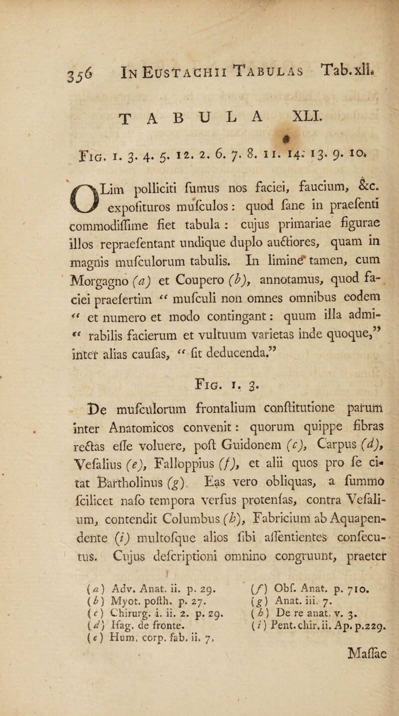 tabula XLI. Fig. i. 3. 4* 5* 12- 2- 6* 7* 8- ^ 9- I0* Lim polliciti fumus nos faciei, faucium, &ce expofituros mufculos: quod fane in praefenti commodiffime fiet tabula : cujus primariae figurae illos repraefentant undique duplo au&iores, quam in magnis mufculorum tabulis. I11 limine tamen, cum Morgagno (a) et Coupero (b)9 annotamus, quod fa¬ ciei praefertim u mufculi non omnes omnibus eodem “ et numero et modo contingant: quum illa admi *( rabilis facierum et vultuum varietas inde quoque, inter alias caufas, “ fit deducenda.9’ Fig. i. 3. De mufculorum frontalium cqnftitutioiie pafum inter Anatomicos convenit: quorum quippe fibras re&as eile voluere, poft Guidonem (c), Carpus (d), Vefalius (e), Falloppius (f), et alii quos pro fe ci* tat Bartholinus (g), Eas vero obliquas, a fummo fcilicet nafo tempora verfus protentas, contra Vefali- um, contendit Columbus^), Fabricium abAquapen-* dente (i) multofque alios fibi ailentientes confecu- tus. Cujus defcriptioni omnino congruunt, praeter (a) Adv. Anat. ii. p. 29. (b) Myot. polth. p. 27. (c) Chirurg. i. ii. 2. p. 29. (d} Ifag. de fronte. (e) Hora. corp. fab. ii* 7, {/) Obf. Anat. p. 710. (g) Anat. iii. 7. ( h ) De re anat. v. 3. {i} Pent. chir, ii. Ap. p.229. Maflae