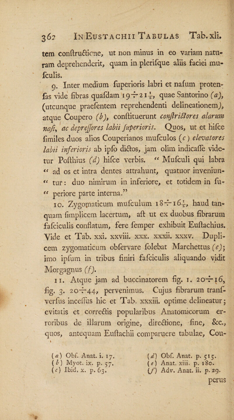 I tera conftru&icne, ut non minus in eo variam natu¬ ram deprehenderit, quam in plerifque aliis faciei mu- fculis. 9. Inter medium fuperioris labri et nafum proten- fas vide fibras quafdam 19-7-214-, quaeSantorino (a), (utcunque praefentem reprehendenti delmeationemj, atque Coupero (b), conftituerunt conftridlores alarum nafi, ac depr effores labii fuperioris. Quos, ut et hifce fimiles duos alios Couperianos mufculos (c ) elevatores labii inferioris ab ipfo di&os, jam olim indicafie vide¬ tur Pofthius (d) hifce verbis. “ Mufculi qui labra “ ad os et intra dentes attrahunt, quatuor inveniun- tur: duo nimirum in inferiore, et totidem in fu- “ periore parte interna A 10. Zygopiaticum mufculum 18-7-164-, haud tan- quam fimplicem lacertum, aft ut ex duobus fibrarum fafciculis conflatum, fere femper exhibuit Euftachius. Vide et Tab. xxi. xxviii. xxx. xxxii. xxxv. Dupli¬ cem zygomaticum obfervare folebat Marchettus (e); imo ipfum in tribus finiri fafciculis aliquando vidit Morgagnus (f). 11. Atque jam ad buccinatorem fig. 1. 20-f-i65 fig. 3. 20-7-44, pervenimus. Cujus fibrarum tranf- verfus inceflus hic et Tab. xxxiii. optime delineatur; evitatis et correpis popularibus Anatomicorum er¬ roribus de illarum origine, dire&ione, fine, &c., quos, antequam Euftachii comparcere tabulae, Cou- \ \d) Obf. Anat. p. 515. ( e) Anat. xiii. p. 180. (f) Adv. Anat. ii. p. 29. perus (a) Obf. Anat. i. 17. ( b ) Myot. ix. p. 57. f c) Ibid. x. p. 63.