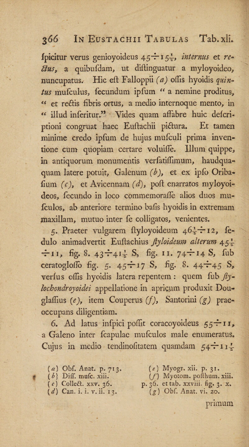 fpicitur verus genioyoideus 45-7-15^, internus et re* £ius, a quibufdam, ut diftinguatur a myloyoideo, nuncupatus. Hic eft Falloppii (a) offis hyoidis quin* tus mufculus, fecundum ipfum “ a nemine proditus, et re&is fibris ortus, a medio internoque mento, in €C illud inferiturd* Vides quam affabre huic defcri- ptioni congruat haec Euftachii pi&ura. Et tamen minime credo ipfum de hujus mufculi prima inven¬ tione cum quopiam certare voluifle. Illum quippe, in antiquorum monumentis verfatiffimum, haudqua- quam latere potuit, Galenum (b), et ex ipfo Oriba- fium (c), et Avicennam (d), poft enarratos myloyoi- deos, fecundo in loco commemorafle alios duos mu- fculos, ab anteriore termino bafis hyoidis in extremam maxillam, mutuo inter fe colligatos, venientes. 5. Praeter vulgarem ftyloyoideum 464-7-12, fe- dulo animadvertit Euflachius Jhloideum alterum 454 rii, fig. 8. 43-7-414 S5 fig. 11. 74-7-14 S, fub ceratogloflo fig. 5. 45-7-17 S, fig. 8. 44-7-45 S, verius offis hyoidis latera repentem : quem fub Jly- lochondroyoidei appellatione in aprigum produxit Dou- glaffius (e), item Couperus (f), Santorini (g) prae¬ occupans diligentiam. 6. Ad latus infpici poffit coracoyoideus 55-f-n, a Galeno inter fcapulae mu fculos male enumeratus. Cujus in medio tendinofitatem quamdam 54-7-114- {a) Obf. Anat. p. 713. \b) DifT. mufc, xiii. ( c ) Colleft. xxv. 36. (d) Can. i. i. v. ii. 13. (e) Myogr. xii. p. 31. (f) Myotom. pofthum. xiii. p. 36. ettab. xxviii. fig. 3. x. (g) Obf. Anat. vi. 20. primum