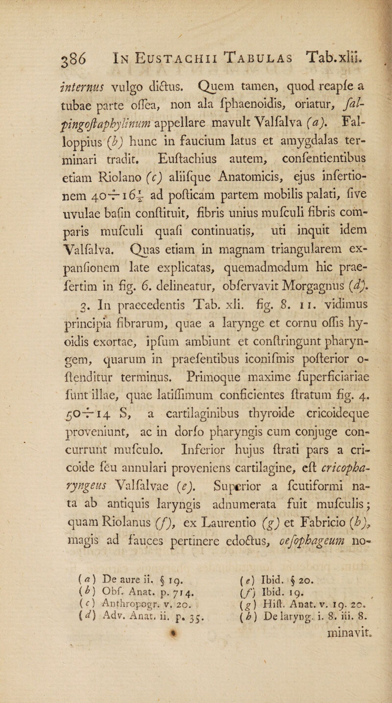 internus vulgo dictus. Quem tamen, quod reapfe a tubae parte odea, non ala fphaenoidis, oriatur, fal- fingoftaphy linum appellare mavult Yalfalva (a). Fal- loppius (b) hunc in faucium latus et amygdalas ter¬ minari tradit. Euftachius autem, confentientibus etiam Riolano (c) aliifque Anatomicis, ejus infertio- nem 40-7-164- ad pofticam partem mobilis palati, fi ve uvulae bafin conftituit, fibris unius mufculi fibris com¬ paris mufculi quafi continuatis, uti inquit idem Valfalva. Quas etiam in magnam triangularem ex- panfionem late explicatas, quemadmodum hic prae- fertim in fig. 6. delineatur, obfervavit Morgagnus (d). q. In praecedentis Tab. xli. fig. 8. 11. vidimus principia fibrarum, quae a larynge et cornu odis hy- oidis exortae, ipfum ambiunt et conftringunt pharyn¬ gem, quarum in praefentibus iconifmis pofterior o- f tenditur terminus. Primoque maxime fuperficiariae iimt illae, quae latiffimum conficientes ffratum fig. 4. 50-7-14 S, a cartilaginibus thyroide cricoideque proveniunt, ac in dorfo pharyngis cum conjuge con¬ currunt mufculo. Inferior hujus ftrati pars a cri» coide feu annulari proveniens cartilagine, eft cricopha¬ ryngeus Yalfalvae (e). Superior a fcutiformi na¬ ta ab antiquis laryngis adnumerata fuit mufculis; quam Riolanus (f), ex Laurentio (g) et Fabricio (b), magis ad fauces pertinere edoftus, oefophageum no- { a) De aure ii, § 19. (^) Obf. Anat. p. 714. ( c) Anthropogr. v. 20. [d) A^dv. Anat, ii. p. 35. ( e) Ibid. § 20. (/) *9- (g) Hift. Anat. v. 19. 20. (h) Delaryng. i. 8. iii. 8. minavit.