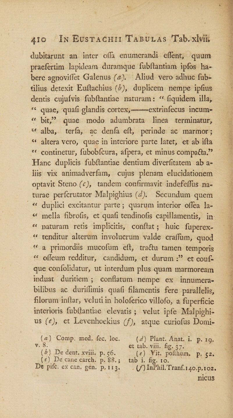 dubitarunt an inter oda enumerandi edent, quum praefertim lapideam duramque fubdantiam ipfos ha¬ bere agnovidet Galenus (a). Aliud vero adhuc fub- tilius detexit Eudachius (b), duplicem nempe ipdus dentis cujufvis fubdantiae naturam: “ dquidem illa, *c quae, quad glandis cortex,—extrinfecus incum- “ bit,?? quae modo adumbrata linea terminatur, c< alba, terfa, ac denfa ed, perinde ac marmor; s* altera vero, quae in interiore parte latet, et ab ida ** continetur, fubobfcura, afpera, et minus compa£la.’? Hanc duplicis fubdantiae dentium diverdtatem ab a- liis vix animadverfam, cujus plenam elucidationem optavit Steno (c), tandem confirmavit indefeflus na¬ turae perfcrutator Malpighius (d). Secundum quem “ duplici excitantur parte; quarum interior odea la- mella dbrods, et quad tendinods capillamentis, in “ naturam retis implicitis, condat; huic fuperex- i( tenditur alterum involucrum valde cradiim, quod *■* a primordiis mucofum ed, tradu tamen temporis “ odeum redditur, candidum, et durum et eouf- que confolidatur, ut interdum plus quam marmoream induat duritiem ; conflatum nempe ex innumera¬ bilibus ac duriflimis quad filamentis fere parallelis, filorum indar, veluti in holoferico villofo, a fuperflcie interioris fubdantiae elevatis ; velut ipfe Malpighi¬ us (e), et Levenhoekius (f), atque curiofus Domi- [a) Comp. med. fec. loc. {d) Piant. Anat. i. p. 19. 8. et tab. viii. fig. 37. [b\ De dent, xviii. p. 56. (e) Vit. poithum. p. 52. ( c) De cane carch. p. 88.; tab i. fig. 10. De pifc. ex can< gen. p, 113. (/) inPhil.Tranf. 140^.102. meus