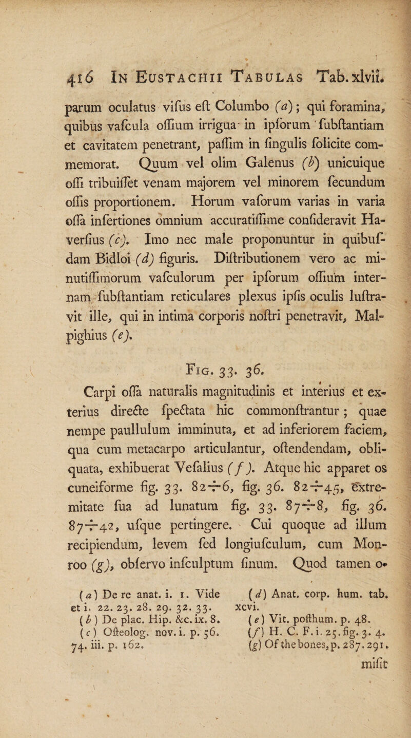 parum oculatus vifus eft Columbo (a); qui foramina, quibus vafcuia offium irrigua' in ipforum ' fubflantiam et cavitatem penetrant, paffim in lingulis folicite com¬ memorat. Quum vel olim Galenus (V) unicuique ofli tribuiflet venam majorem vel minorem fecundum offis proportionem. Horum vaforum varias in varia ©fla infertiones omnium accuratilfime confideravit Ha- verfius (c). Imo nec male proponuntur in quibuf- dam Bidloi (d) figuris. Difiributionem vero ac mi- nutifiimorum vafculorum per ipforum offium inter¬ nam fubflantiam reticulares plexus ipfis oculis luftra- vit ille, qui in intima corporis noflri penetravit, Mal- pighius (e)+ Fig. 33. 36. Carpi ofia naturalis magnitudinis et interius et ex¬ terius dire&e fpe&ata hic commonftrantur; quae nempe paullulum imminuta, et ad inferiorem faciem, qua cum metacarpo articulantur, offendendam, obli¬ quata, exhibuerat Yefalius ( f ). Atque hic apparet os cuneiforme fig. 33. 82-7-6, fig. 36. 82-7-45, Extre¬ mitate fua ad lunatum fig. 33. 87—*8, fig. 36. -7-42, ufque pertingere. Cui quoque ad illum recipiendum, levem fed longiufculum, cum M011- roo (g), obfervo infculptum finum. Quod tamen o- (a) De re anat. i. 1. Vide et i. 22. 23. 28. 29, 32. 33. (b ) De plac. Hip. &c. ix. 8. (c) Odeolog. nov.i. p. 56. 74. iii. p. 162. (^) Anat. corp. hum. tab. xcvi. (e) Vit. pofthum. p. 48. (/) H. C. F. i. 25. fig. 3. 4. (g) Of thebones,p. 287.291. mi fit