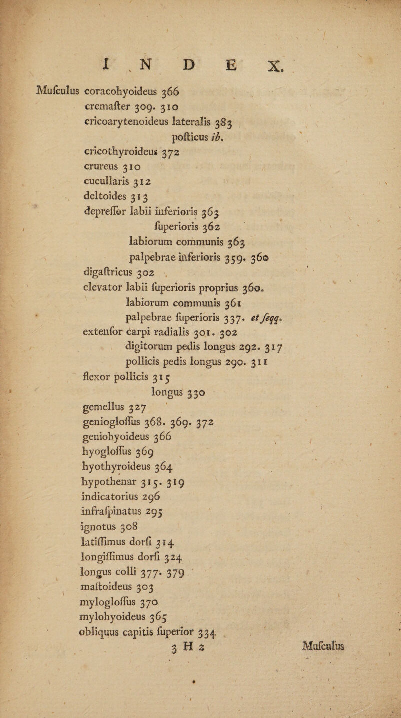 / Mulculus coracohyoideus 366 cremafter 309. 310 cricoarytenoideus lateralis 383 pofticus ib. cricothyroideus 372 crureus 310 cucullaris 312 deltoides 313 depreflor labii inferioris 363 fuperioris 362 labiorum communis 363 palpebrae inferioris 359. 36© digaftricus 302 elevator labii fuperioris proprius 360» labiorum communis 361 palpebrae fuperioris 337» et feqq* extenfor carpi radialis 301. 302 digitorum pedis longus 292» 317 pollicis pedis longus 290. 311 flexor pollicis 315 longus 330 gemellus 327 genioglolfus 368. 369. 372 geniohyoideus 366 hyogloflus 369 hyothyroideus 364 hypothenar 315. 319 indicatorius 296 infralpinatus 295 ignotus 308 latiflimus dorfi 3*4 longiffimus dorfi 324 longus colli 377. 379 maftoideus 303 mylogloflus 370 mylohyoideus 365 obliquus capitis fuperior 334 3 H 2 Mufculus ♦ ' •; i' » . .