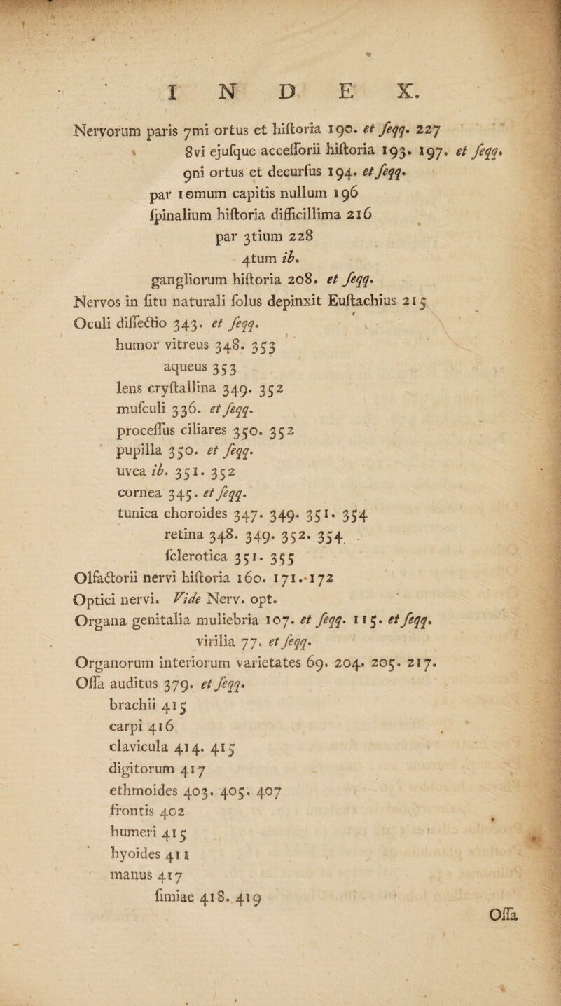 Nervorum paris ymi ortus et hiftoria 190. et feqq. 227 8vi ejufque accefforii hiftoria 193. 197. et feqq. 9111 ortus et decurfus 194. et feqq* par 1 ornum capitis nullum 196 fpinalium hiftoria difficillima 216 par 3tium 228 4tum ib. gangliorum hiftoria 208. et feqq. Nervos in fitu naturali folus depinxit Euftachius 215 Oculi diiTedtio 343. et feqq. humor vitreus 348. 353 aqueus 353 lens cryftallina 349. 352 mufculi 336. et feqq. proceftus ciliares 350. 352 pupilla 350. et feqq. uvea ib. 351. 352 cornea 345. et feqq. tunica choroides 347. 349. 351. 354 retina 348. 349. 352, 354 fclerotica 351. 3^5 Olfadlorii nervi hiftoria 160. 171 72 Optici nervi. Vide Nerv. opt. Organa genitalia muliebria 107. et feqq. 115. et feqq. virilia 77. et feqq. Organorum interiorum varietates 69. 204. 203. 217. Oilli auditus 379. et feqq. brachii 415 carpi 416 clavicula 414. 415 digitorum 417 ethrnoides 403. 405. 407 frontis 402 humeri 413 hyoides 41 s ' manus 417 fimiae 418. 419 Ofla