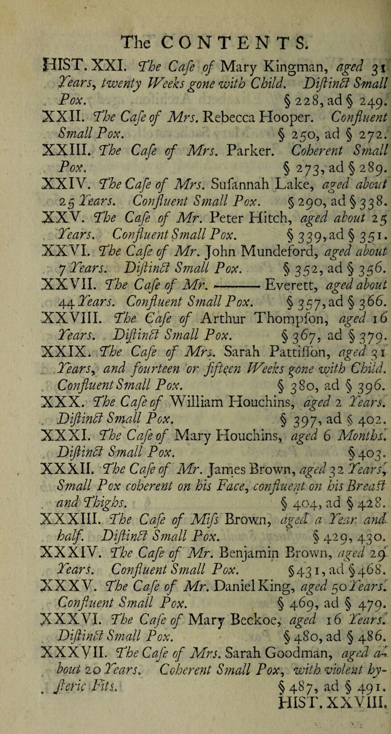 BIST. XXI. The Cafe of Mary Kingman, aged 31 Tear s.) twenty Weeks gone with Child. Diftindl Small Pox. § 228, ad § 249. XXII. The Cafe of Mrs. Rebecca Hooper. Confluent Small Pox. § 250, ad § 272. XXIII. The Cafe of Mrs. Parker. Coherent Small Pox. §273, ad §289. XXIV. The Cafe of Mrs. Sufannah Lake, aged about 25 ’Tears. Confluent Small Pox. § 290, ad § 338. XXV. The Cafe of Mr. Peter Hitch, aged about 25 Tears. Confluent Small Pox. § 339?ac^ § 3 51 • XXVI. The Cafe of Mr. John Mundeford, aged about 7 Tears. Diftindl Small Pox. § 352, ad § 356. XXVII. The Cafe of Mr.-Everett, aged about 44 Tears. Confluent Small Pox. § 357, ad § 3 66. XXVIII. The Cafe of Arthur Thompfon, aged 16 Tears. Diftindl Small Pox. § 367, ad § 379. XXIX. The Cafe of Mrs. Sarah Pattifibn, aged 31 Tears, and fourteen or fifteen Weeks %one with Child. Confluent Small Pox. § 380, ad § 396. XXX. The Cafe of William Houchins, aged 2 Tears. Diftindl Small Pox. § 397, ad § 402. XXXI. The Cafe of Mary Houchins, aged 6 Months. Diftindl Small Pox. §4030 XXXII. The Cafe of Mr. James Brown, aged 3 2 Tears> Small Pox coherent on his Face, confluent, on his Bread and Thighs. § 404, ad § 428. XXXIII. The Cafe of Mifs Brown, aged a Tear. and. half. Diftindl Small Pox. §429,430. XXXIV. The Cafe of Mr. Benjamin Brown, aged 29 Tears. Confluent Small Pox. §431, ad § 468. XXXV. The Cafe of Mr. Daniel King, aged 50Tears. Confluent Small Pox. § 469, ad § 479. XXXVI. The Cafe of Mary Beckoe, aged 16 Tears. Diftindl Small Pox. §480, ad §486. XXXVII. The Cafe of Mrs. Sarah Goodman, aged ad bout 20 Teams. Coherent Small Pox, with violent hy- Jleric Fits. §487, ad §491. HIST. XXVIIL