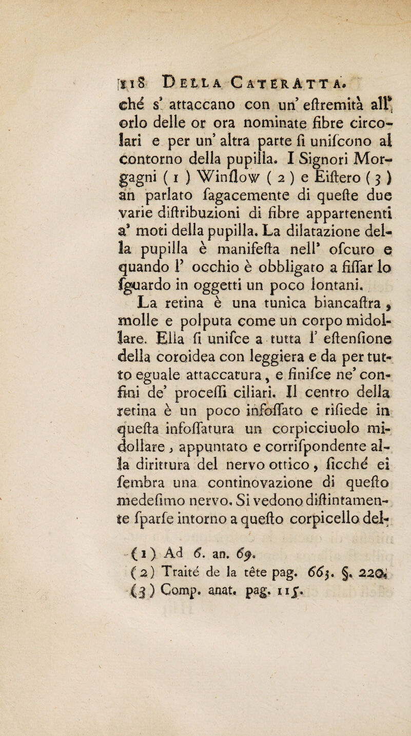 ché s3 attaccano con un’ eftremità all* orlo delle or ora nominate fibre circo* lari e per un altra parte fi unifcono al contorno della pupilla, I Signori Mor¬ gagni ( i ) Winflow ( 2 ) e Eiftero ( 3 ) an parlato fagacemente di quefte due varie diftribuzioni di fibre appartenenti as moti della pupilla. La dilatazione del¬ la pupilla è manifefta nell5 ofcuro e quando V occhio è obbligato a fidar lo fguardo in oggetti un poco lontani. La retina è una tunica biancaftra 9 molle e polputa come un corpo midol¬ lare. Elia fi unifce a tutta T eftenfione della coroidea con leggiera e da per tut¬ to eguale attaccatura, e fìnifce ne’ con¬ fini de’ procedi ciliari. Il centro della retina è un poco infoflato e rifiede in quella infbdamra un corpicciuolo mi¬ dollare > appuntato e corrifpondente al¬ la dirittura del nervo ottico, fìcchd eì fembra una continovazione di quefto medefimo nervo. Si vedono didimamen¬ te fparfe intorno a quefto corpicello del- / ( 1 ) Ad 6. an. (2) Traité de la rete pag. 66$. §, 22€k (ì) Camp, smt* pag. nj.