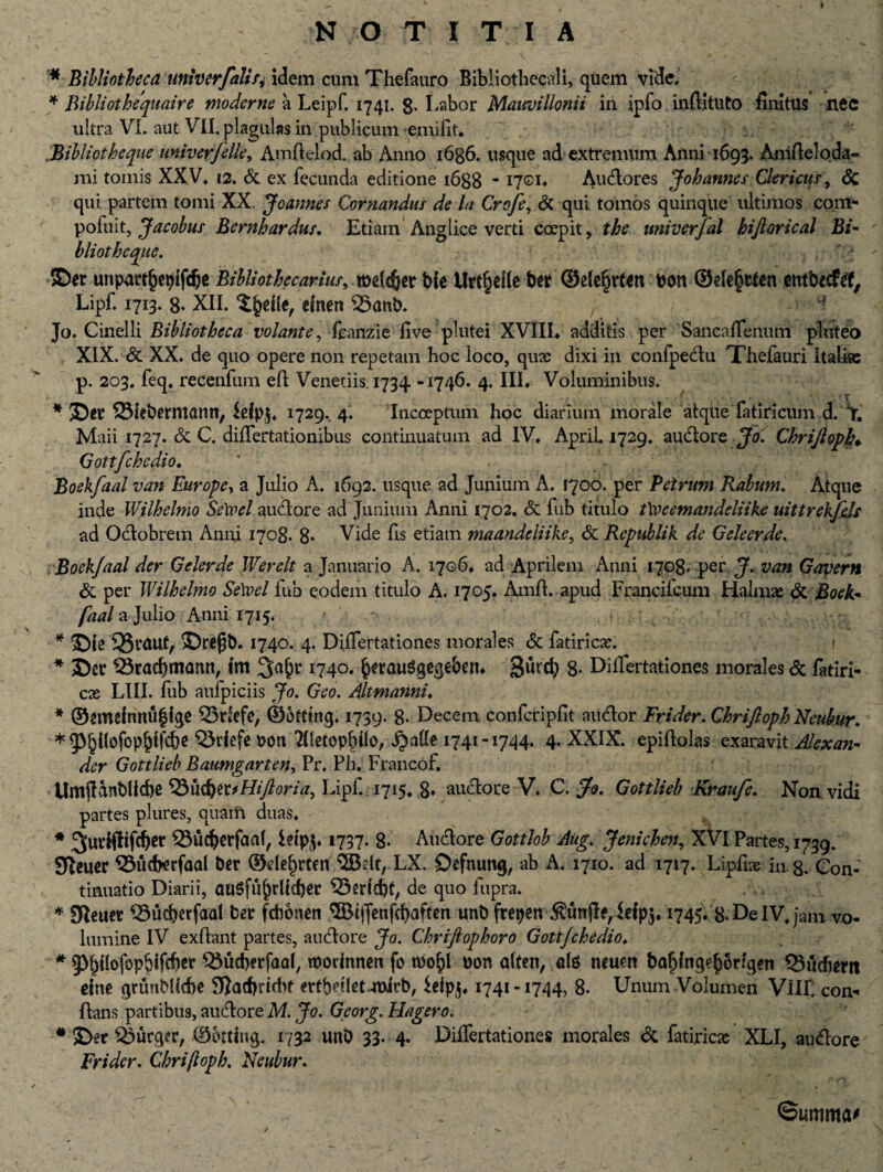 * Bibliotheca univerfalis, idem cum Thefauro Bi * Bibliothequaire moderne a Leipf. 1741. g. Labor ultra VI. aut VII. plagulas in publicum emifit* „Bihliotheque univerjelle, Amfielod. ab Anno i6g6. usque ad extremum Anni 1693. AmAeloda- mi tomis XXV* 12. & ex fecunda editione 1688 - I7©i. Audores Johannes Clericus, <5c qui partem tomi XX Joannes Comandus de la Crofe, <3c qui tomos quinque ultimos coni- pofuit, Jacobus Bernhardus. Etiam Anglice verti coepit, the univerjal hijlorical Bi- bliothcque. 5Der unpart^epifdje Billiothecarius, bie Urt^effe bet ©e(e§vtm t>on ©e(e§tfen etrtbecfrf, Lipf. 1713. g. XII. dnen 35anb. q Jo. Cinelli Bibliotheca volante, fcanzie live plutei XVIII. additis per Sancafienum pluteo XIX. & XX. de quo opere non repetam hoc loco, quae dixi in confpedu Theiauri Itali* p. 203. feq* recenfum eA Venetiis. 1734 -1746. 4. III. Voluminibus. * Sfeberntanti, lefpj* 1729.. 4. Incoeptum hoc diarium morale atque fatiricum d. 7. Maii 1727. <5c C. differtationibus continuatum ad IV. April, 1729. audore Jo. Chrifloph♦ Gottfchedio* ' Boekfaal van Europe, a Julio A. 1692. usque ad Junium A. 1700. per Petrum Rabunt. Atque inde Wilhelmo SeYoel audore ad Junium Anni 1702. & fub titulo t\veemandeliike uittrekfds ad Octobrem Anni 1708. 8« Vide fis etiam maandeliike, & Republik de Geleerde. Boekfaal der Gelerde Werelt a Januario A. 1706. ad Aprilem Atini 1708. per J. van Gapern & per Wilhelmo SeYoel fub eodem titulo A. 1705. AmA. apud Francifcum Halmae & Boek¬ faal a Julio Anni 1715. •> ■ / 1 . -.- v * Bie 33mut, Brepb. 1740. 4. DiAertationes morales & fatiricx. * Bcr $3rad)mann, fm 3a£r 1740. ^rau$gegeben* 3«rcb 8- DiAertationes morales & fatiri¬ cx LIII. fub aufpiciis Jo. Geo. Altmanni. * ©2tndnnu|ige 33defe, ©ofting. 1739. 8- Decem confcripAt audor Frider. Chriftoph Neubur. * Q3rtefe fcon 3I(etophtlo, jjade 1741-1744. 4. XXIX. epiAolas exaravit Alexan¬ der Gottlieb Baumgarten, Pr. Ph. Francof. Umjlant)lid)e 53uctyxtHifloria, Lipf. 1715. 8. auctore V. C. Jo. Gottlieb Kraufe. Non vidi partes plures, quam duas. * 3ui’Hltfcf)er 23ud)erfaaf, ietpj* 1737. 8. Audore Gottlob Aug. Jenichen, XVI Partes, 1739. Simer ^Sucfrerfaai ber ©def)rten LX. Oefnung, ab A. 1710. ad 1717. Lipfix in g. Con¬ tinuatio Diarii, aa$fu|}rU{her 23ertd)t, de quo iupra. * Sleuer £3ud)erfaal ber fchonen ®ifjetif<baften unb fre^en ^unjle, 1745. g. De IV* jam vo¬ lumine IV exAant partes, audore Jo. Chriftophoro Gottfchedio* * 9>^Uofopbifd)er ^ucberfaal, mortnnen fo tuo^l bon aken, ate neuctt bafdngefjorfgen 93itdiem dne grunbHAe 9Iad)rtdif mbdkrmfcb, £dp$. 1741-1744, 8. Unum Volumen VIU. con- Aans partibus, audore M. Jo. Georg. Hagero. * Ber 23urger, 06tting. 1732 unO 33. 4. DiAertationes morales & fatiric* XLI, audore Frider. Chrifloph. Neubur- / . 1 0 \V ©umma' uiotnecaii, quem viae, Mauvillonii in ipfo inAituto finitus nec