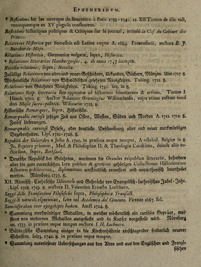 * Reflexions fur les ouvrages de litterature. a Paris 1738*1740. 12. XII Tomos de illis vidi, vnuniquemque ex XV plagulis conflantem. ..... Reflexions hifloriques politiques & Critiques fur !e journal, in titule la Ckf du Cabiuet dei Princes. Relationes Riftorica per Semeflria edi Latine coeptas A. 1684• Francofurti, audorc B J. Bure bardo Majo. Relationes Rifiorica, Germanice vulgatas, fupra, Hifterica. * Relationes litterariae Hamburgcnjcs , 4. ab anno 1747 incoepti. Novella relationes, fupra, Novella. gufdlltge Relationen^malUxim^ neuen©efcbidjten, Uifunbett,SSwcfjern,93tiinjen. Ulmi7i7-8- ®6d)ent(id)e Relationes uon ©rfjroabifcbetujdebrten Sfteuigfeitetn Tubing. 1721. 8* Relationes^on ©ele^rtert SfteiUgfetten. Tubing. 1730. feq. in g. Relationes Reip. litteraria five apparatus ad hifloriam fcieutiarum & artium. Tonlus I. Hamb. 1702. 8. Audor J oh annes Grcenbigius Wifmarienfis, cujus etiam exflant tomi duo Mufei facro-politicis- Wifmarias 1723. g. ^ijtorifcbe Remarqties, fupra, jjijforifd)e- Remarquable curiofa je§igec nu$ Dflen, ©ejlen, ©uben unb STtorben A. 1711. 1712. 8* gn>5lf iieferungem Remarquable curieufe Q3riefe, ober beutltc^e 23efcf;rei6ung alter unb neuet4 merfmurbtgeti ©egebenbeiten. Lipf. 1710-1728- 8- Rcpublik der Gelecrden a Julio A. 1710. in praefens usque tempus, Amflelod. Belgice in g- Jo. Ruytero primum , Med. & Pliilofophias D. & Theologias Candidato, deinde aliis au- doribns. fupra, Boekfaah * SDeutfcfye Slepublif ber ©ele^rfen, roorinnen bie Grandes reipublicae litterariae, 6efonber$ abet* bie $um em’op&ifd)en lure publico & gentium ge^brigen Coliediones Hifloricorum Adorum publicorum, diplomatum umjlanblicb recenfttet unb unpart^cpifeb beurt^etkt roerben- Slurnbmj. 1737- 8* XII. Stbmifd) = Catbcfifdje Difcotirfe unb ©efpracfre pon©panqel(fc^dutbcrifd}ett3tt^^53a&v# Lipf. 1718- 1719- 8- audore D. Valcntino Erneflo Loefchero. Saggi delle Tranfazioni Filofeflche fupra, Philofophica Tranfatt. Saggi di naturali efperienze, fatte nel Academia dei Cimento. Firenze 1667. fol. Samcnfpraken over uytgekipte booken. Amft. 1724. 8. * ©ammlung merfrourbiger ©ebaiffen, m welcfjer mod)entlicb ein cunofeS ©eprage, mei* (len6 bon mobernen ©ebaillen ausgefudjt unb in $upfa* borgejMt roirb. Slurnberg an. 1737. in praefens usque tempus audore /. H. Lochnero. * QJubtnqtfdje ©ammlung e iniget* in bie $ird}enbijlovie etnfdjlagenber fonberlid) neuerer ©djriffen. ieipj, 1742. 8. in praefens vsque tempus. t ©ammlung auSerlefener Uebetfefcungen au$ ben 2(lten unb au6 ben Snglifdjen unb Sranjo* * * fife^n