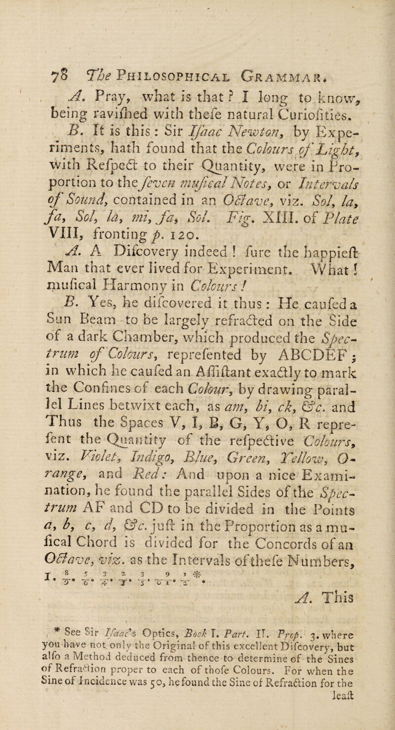 A. Pray, what Is that ? I long to {enow* being ravifhed with thefe natural Curiolities. B. It is this: Sir Ifaac Newton, by Expe¬ riments, hath found that the Colours of Light, with Refpedt to their Quantity, were in Pro¬ portion to the /even mujical Notes, or Intervals of Sound, contained in an 0Slave, viz. Sol, la, fa, Sol, la, mi, fa, Sol Fig. XIII. of Plate VI1I, iron 11 ng p. 120. A. A Difcovery indeed ! lure the happieft Man that ever lived for Experiment. What ! mufical Harmony in Colours l B. Yes, he difeovered it thus: He caufed a Sun Beam to be largely refradted on the Side of a dark Chamber, which produced the Spec¬ trum of Colours, reprefented by ABCDEF; in which he caufed an Affiftant exadlly to mark the Confines of each Colour, by drawing paral¬ lel Lin es betwixt each, as am, hi, ck, &c. and Thus the Sp aces V, I, B, G, Y, O, R repre- fent the Quantity of the refpedive Colours, viz. Violet, Indigo, Blue, Green, Yellow, O- range, and Red: And upon a nice Exami¬ nation, he found the parallel Sides of the Spec¬ trum AF and CD to be divided in the Points a, b, c, d, GY. juft in the Proportion as a mu- lical Chord is divided for the Concords of an O Slave, viz. as the Intervals of thefe Numbers, T 8 5 3 2, 3 9 j * IT* IT® 4'* T* 7s* cTT® IT e A. This * See Sir Ifaac $ Optics, Book I. Part. IT. Prop. 3. where you have not only the Original of this excellent Difcovery, but a!fo a Method deduced from thence to determine of the Sines of Refraction proper to each of thofe Colours. For when the Sine of Incidence was 50, he found the Sine of Refraction for the leaft
