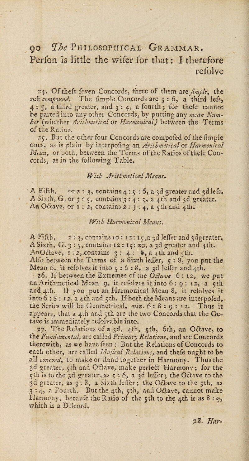 Perfon is little the wifer for that: I therefore refolve 24. Of thefe feven Concords, three of them are fimple, the reft compound. The fimple Concords are 5:6, a third lefs, 4 : 5, a third greater, and 3 : 4, a fourth; for thefe cannot be parted into any other Concords, by putting any mean Num¬ ber (whether Arithmetical or Harmonical) between the Terms of the Ratios. 25. But the other four Concords are compofed of the iimple ones, as is plain by interfiling an Arithmetical or Harmonical Mean, or both, between the Terms of the Ratios of thefe Con¬ cords, as in the following Table. With Arithmetical Means, ' A Fifth, or 2 : 3, contains 4:5 : 6, a 3d greater and 3d lefs. A Sixth, G. or 3 : 5, contains 3 : 4: 5, a 4th and 3d greater. An Odave, or 1 : 2, contains 2 : 3 : 4, a 5th and 4th. With Harmonical Means, A Fifth, 2 : 3, contains to * 12:13,a 3d leffer and 3dgreatei% A Sixth, G. 3 : 5, contains 12 : 15: 20, a 3d greater and 4th. AnO&ave, 1: 2, contains 3 : 4: ' 6,a 4th and 5th. Alfo between the Terms of a Sixth leffer, 5 : S, you put the Mean 6, it refolves it into 5:6:8, a 3d leifer and 4th. 26. If between the Extremes of the O Slavs 6:12, we put an Arithmetical Mean 9, it refolves it into 6:9:12, a 5th and 4th, If you put an Harmonical Mean 8, it refolves it into 6:8: 12, a 4th and 5 th. If both the Means are interpofed, the Series will be Geometrical, <vi&. 6:8:9: 12. Thus it appears, that a 4th and 3 th are the two Concords that the Oc¬ tave is immediately refoivabie into. 27. The Relations of a 3d, 4th, 5th, 6th, an Oflave, to the Fundamental, are called Primary Relations, and are Concords therewith, as we havefeen : But the Relations of Concords to each other, are called Mufical Relations, and thefe ought to be all concord, to make or Hand together in Harmony. Thus the 3d greater, 5th and Qdave, make perfect Harmony; for the 5th is to the 3d greater, as 3 : 6, a 3d leifer; the Oflave to the 3d greater, as 5 : 8, a Sixth leifer; the Q&ave to the 5th, as 3:4, a Fourth. But the 4th, 5th, and Oftave, cannot make Harmony, becaufe the Ratio of the 5th to the 4th is as 8 ; 9* which is a Difcord. 28. Har-