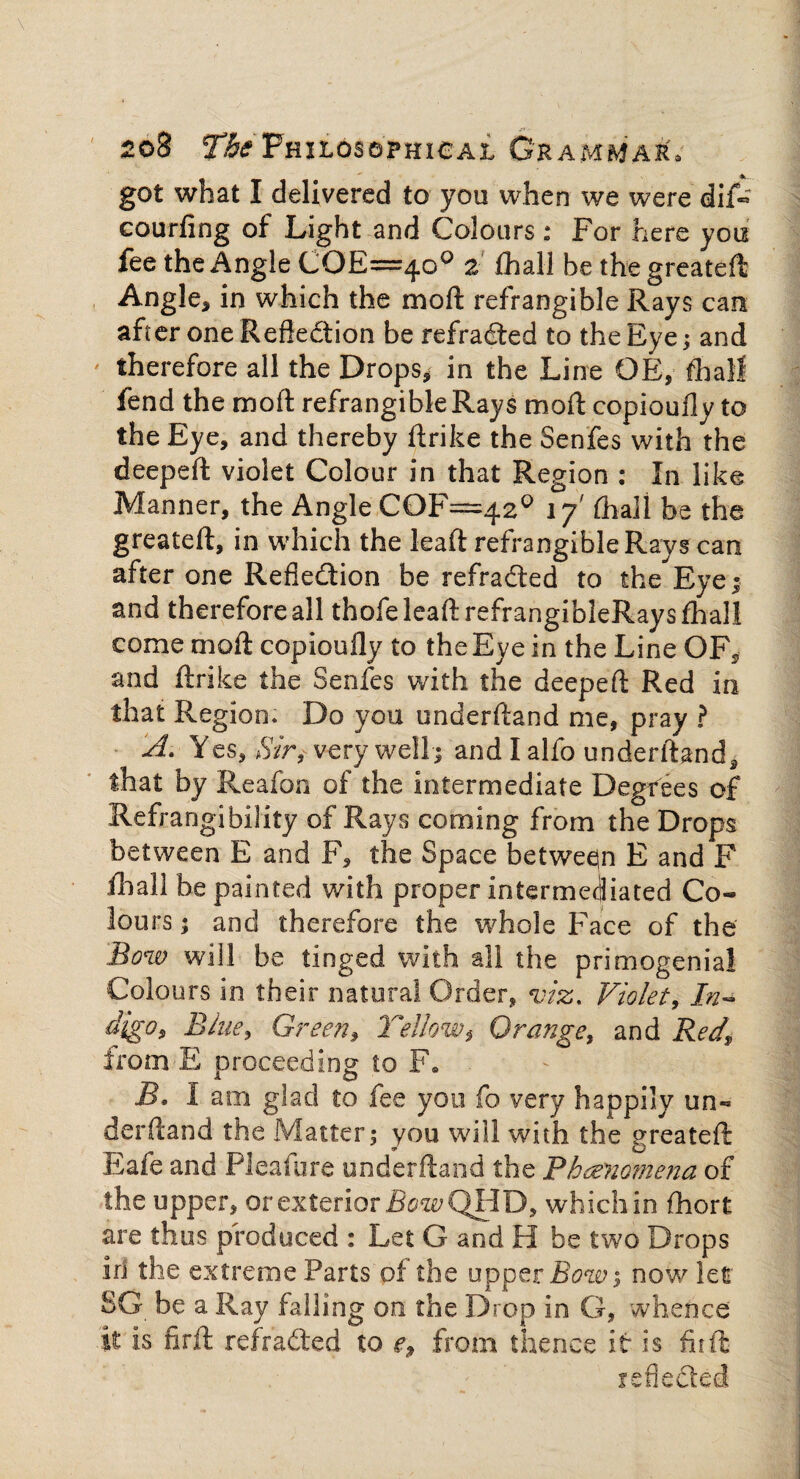 got what I delivered to you when we were dif« courfing of Light and Colours : For here you fee the Angle COE=40° a fhall be the greateft Angle* in which the moft refrangible Rays can after one Reflection be refraCted to the Eye; and therefore all the Drops* in the Line OE, fhall fend the moft refrangible Rays moft copioully to the Eye, and thereby ftrike the Senfes with the deepeft violet Colour in that Region : In like Manner, the Angle COF=42° 1 j fhali be the greateft, in which the leaft refrangible Rays can after one Reflection be refradted to the Eye; and therefore all thofe leaft refrangibleRays fhall come moft copioufly to the Eye in the Line OFs and ftrike the Senfes with the deepeft Red in that Region* Do you underftand me, pray ? A. Ycs. Sir, very well; and I alfo underftand, that by Reafon of the Intermediate Degrees of Refrangibility of Rays coming from the Drops between E and F, the Space between E and F fhall be painted with proper intermediated Co¬ lours ; and therefore the whole Face of the Bow will be tinged with all the primogenia! Colours in their natural Order, viz. Violet, In¬ digo, Bine, Green, Yellow $ Orange, and Red, from E proceeding to P» B* I am glad to fee you fo very happily un¬ derftand the Matter; you will with the greateft Eafe and Pleafure underftand the Phenomena of the upper, or exterior R^QHD, which in fhort are thus produced : Let G and H be two Drops id the extreme Parts of the upper Bow, now let SG be a Ray falling on the Drop in G, whence it is firft refradted to e9 from thence it is fit ft reflected