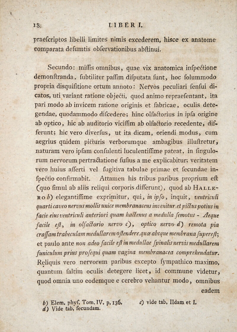 1 38. LIBER I. praefcriptos libelli limites nimis excederem, hisce ex anatome comparata defumtis oblervationibus abftinui. Secundo: miliis omnibus, quae vix anatomica infpeftione demonftranda, fubtiliter palfim difputata funt, hoc folummodo propria disquilitione ortum annoto: Nervos peculiari fenfui di¬ catos, uti variant ratione objecti, quod animo repraefentant, ita pari modo ab invicem ratione originis et fabricae, oculis dete¬ gendae, quodammodo difcedere; hinc olfadorius in ipfa origine ab optico, hic ab auditorio vici di m ab olfactorio recedente, dif¬ ferunt; hic vero diverfus, ut ita dicam, oriendi modus, cum aegrius quidem picturis verborumque ambagibus illuftretur, naturam vero ipfam confulenti luculentillime pateat , in iingulo- rum nervorum pertradatione fufius a me explicabitur; veritatem vero huius alferti vel fugitiva tabulae primae et fecundae in- fpeftio confirmabit. Attamen his tribus paribus proprium ell (quo fimul ab aliis reliqui corporis differunt), quod ab Halle- ro b) elegantidime exprimitur, qui, inipfo, inquit, ventriculi quarti caveo nervus mollis unice membranaceus invenitur,etpiEtuspotius in facie eius ventriculi anteriori quam haEtenus a medulla femotus - Aeque facile ejt, in olfacforio nervo c), optico nervo d) remota pia craffam trabeculam medullarem oJlendere,qua absque membrana fuperejl-, et paulo ante non adeo facile ejl in medullae fpinalis nervis medullarem funiculum prius profequi quam vagina membranacea comprehendatur. Reliquis vero nervorum paribus excepto fympathico maximo, quantum faltim oculis detegere licet, id commune videtur, quod omnia uno eodemque e cerebro vehantur modo, omnibus eadem b) Eletn. phyf. Tom.IV, p, 136» 0 vide tab, Ildam et I, d) Vide tab, fecundam.