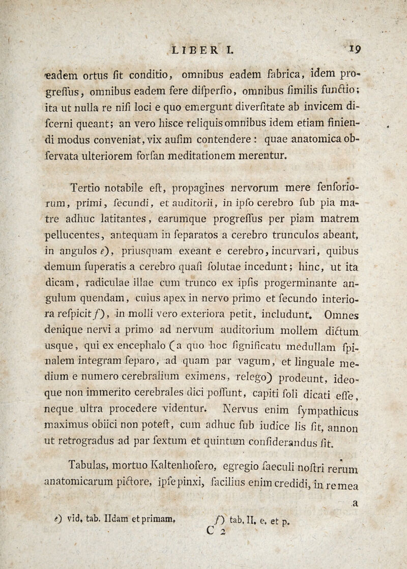 'eadem ortus fit conditio, omnibus eadem fabrica, idem pro- greflus, omnibus eadem fere difperfio, omnibus fimilis funftio; ita ut nulla re nifi loci e quo emergunt diverfitate ab invicem di- fcerni queant; an vero hisce reliquis omnibus idem etiam finien¬ di modus conveniat, vix aufim contendere: quae anatomica ob- fervata ulteriorem forfan meditationem merentur. ‘ ‘ / I |r 0 Tertio notabile elt, propagines nervorum mere fenforio- rum, primi, fecundi, et auditorii, in ipfo cerebro fub pia ma¬ tre adhuc latitantes, earumque progreifus per piam matrem pellucentes, antequam in feparatos a cerebro trunculos abeant, in angulos e), priusquam exeant e cerebro, incurvari, quibus demum fuperatis a cerebro quafi folutae incedunt; hinc, ut ita dicam, radiculae illae cum trunco ex ipfis progerminante an¬ gulum quendam, cuius apex in nervo primo et fecundo interio¬ ra refpicit/), in molli vero exteriora petit, includunt. Omnes denique nervi a primo ad nervum auditorium mollem diftum usque, qui ex encephalo (a quo hoc fignificatu medullam {pi¬ nalem integram Teparo, ad quam par vagum, et linguale me¬ dium e numero cerebralium eximens, relego) prodeunt, ideo- que non immerito cerebrales dici poliunt,- capiti foli dicati efle. neque ultra procedere videntur. Nervus enim fympathicus maximus obiici non poteft, cum adhuc fub iudice lis fit, annon ut retrogradus ad par fex tum et quintum confiderandus fit. Tabulas, mortuo Kaltenhofero, egregio faeculi noftri rerum anatomicarum pictore, ipfepinxi, facilius enim credidi, in remea a (?) vid, tab, Ildam et primam, /) tab, II, e, et p C 2 .? i \