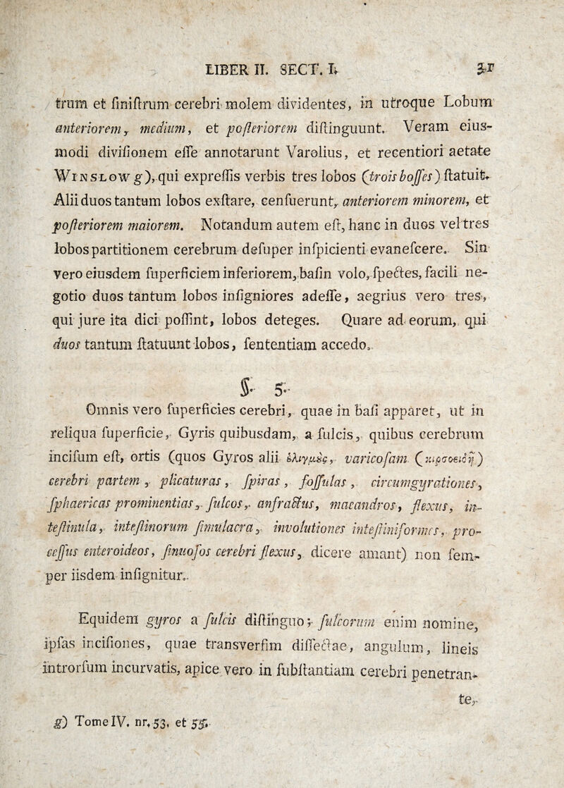 > trum et fmiftrum cerebri molem dividentes, m utroque Lobum anterioremy medium, et po ferior em diftinguunt. Veram eius- modi divi/i 011 em eiTe annotarunt Varolius, et recentiori aetate Winslow g), qui expretiis verbis tres lobos ('troisboffes) fbatuit, Alii duos tantum lobos exftare, cenfuerunt, anteriorem minorem, et poJieri orem maiorem. Notandum autem eft, hane in duos vel tres lobos partitionem cerebrum defuper infpicienti evanefcere. Sin vero ejusdem fuperficiem inferiorem, balin volo, fpeftes, facili ne¬ gotio duos tantum lobos infigniores adeffe, aegrius vero tres, qui jure ita dici podint, lobos deteges. Quare ad< eorum, qpi duos tantum ftatuunt lobos, fententiam accedo. Omnis vero fuperficies cerebri, quae in bali apparet, ut in reliqua fuperficie, Gyris quibusdam,, a fulcis, quibus cerebrum incifum eft, ortis (quos Gyros alii ifoyuse, varicofam fiupnoeitiijf cerebri partem , plicaturas, fpiras , fojfulas , circumgyration.es, fphaericas prominentiasfulcos,. anfradius, maeandros, flexus, m- iejlinula, intejlinorum fimulacrar involutiones inte/Uniformes,- pro- eeffus enteroideos, fmuofos cerebri flexus, dicere amant) non fem- per iisdem infignitur.. Equidem gyros a fulcis dillihguo ;• fultorum enim nomine, ipfas inciliones, quae transverfim dilfefiae, angulum, lineis introrfum incurvatis, apice-vero in fubliantiam cerebri penetrari- te,-