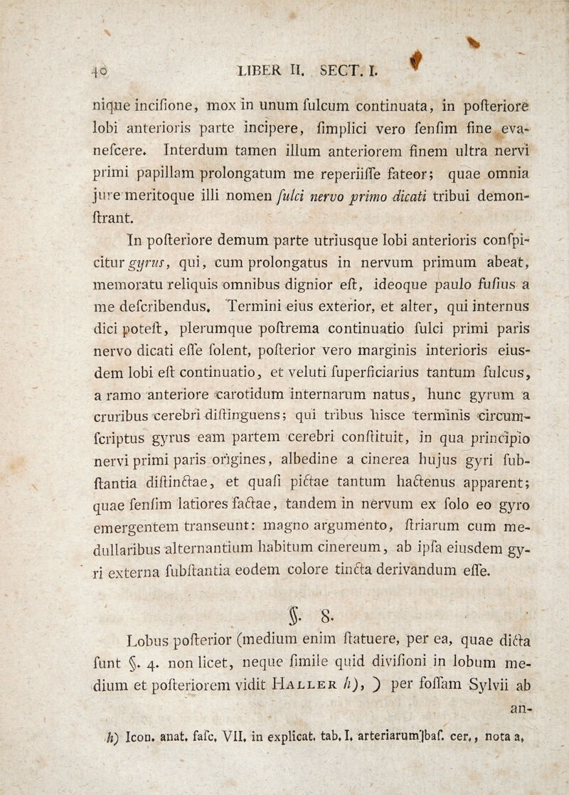 V niqne incifione, mox in unum fulcum continuata, in pofteriore lobi anterioris parte incipere, fimplici vero fenfim fine eva- nefeere. Interdum tamen illum anteriorem finem ultra nervi primi papillam prolongatum me reperiifle fateor; quae omnia jure meritoque illi nomen fulci nervo primo dicati tribui demon- ftrant. In pofteriore demum parte utriusque lobi anterioris confpi- citur gyrus, qui, cum prolongatus in nervum primum abeat, memoratu reliquis omnibus dignior eft, ideoque paulo fufius a me deferibendus. Termini eius exterior, et alter, qui internus dici poteft, plerumque poftrema continuatio fulci primi paris nervo dicati efle folent, pofterior vero marginis interioris eius¬ dem lobi eft continuatio, et veluti fuperficiarius tantum fulcus, a ramo anteriore carotidum internarum natus, hunc gyrum a cruribus cerebri diftlnguens; qui tribus hisce terminis circum- feriptus gyrus eam partem cerebri conftituit, in qua principio nervi primi paris origines, albedine a cinerea hujus gyri fub- ftantia diftinftae, et quafi piftae tantum haftenus apparent; quae fenlim latiores faftae, tandem in nervum ex folo eo gyro emergentem transeunt: magno argumento, ftriarum cum me¬ dullaribus alternantium habitum cinereum, ab ipfa eiusdem gy¬ ri externa fubftantia eodem colore tinfta derivandum efle. Lobus pofterior (medium enim ftatuere, per ea, quae ditia funt §. 4. non licet, neque fimile quid divifioni in lobum me¬ dium et pofteriorem vidit Haller h), ) per foflam Sylvii ab /1) Icon, anat, fafc, VII, in explicat tab, I, arteriarum]baf. cer,, nota a,