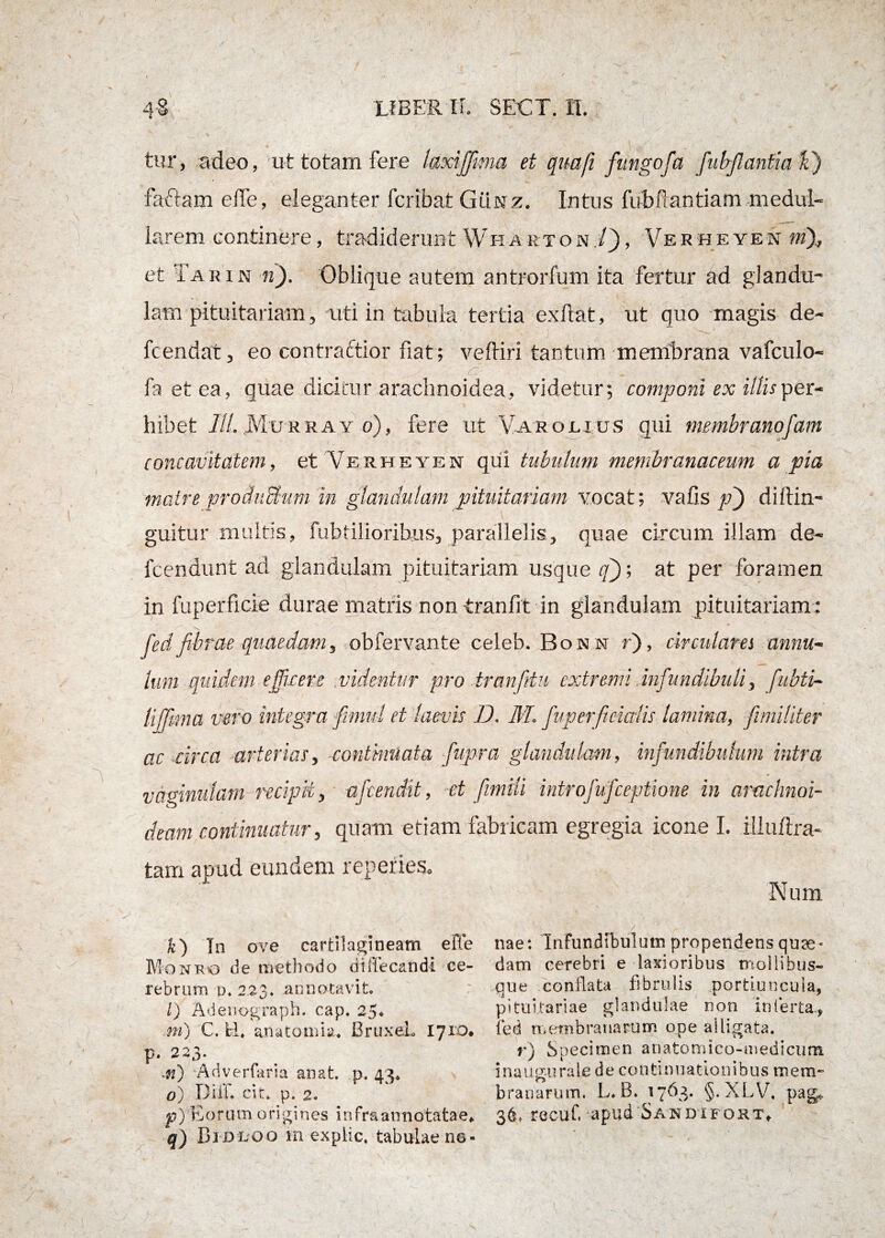 tur, adeo, ut totam fere laxijfima et quafi fungofa fubflantia £) factam effe, eleganter fcribat Gunz. Intus fubftantiam medul¬ larem continere, tradiderunt Wharton /), Verheyes m% et Tarin n). Oblique autem antrorfum ita fertur ad glandu¬ lam pituitariam, uti in tabula tertia ex fiat, ut quo magis de- fcendat, eo contractior fiat ; vefliri tantum membrana vafculo- . v. fa et ea, quae dicitur arachnoidea, videtur; componi ex Miscet-* hibet ///. Murray o), fere ut Varouus qui membranofam concavitatem, et Verheyen qui tubulum membranaceum a pia matreproduBuni in glandulam pituitariam vocat; vafis p~) diftin- guitur multis, fubtilioribus, parallelis, quae circum illam de- fcendunt ad glandulam pituitariam usque q~); at per foramen in fuperficie durae matris nontranfit in glandulam pituitariam: fedfibrae quaedam, obfervante celeb. Bon n r), circulares annu¬ tum quidem efficere videntur pro tranfitu extremi infundibuli, fubti- liffima vero integra finiul et laevis D. M. fuperficiaiis lamina, fimititer ac circa arterias, continuata fupra glandulam, infundibulum intra vaginulam recipit, afcendit, et fimiti introfufceptione in arachnoi¬ deam continuatur, quam etiam fabricam egregia icone I. iliuftra- tam apud eundem repefies. Num k) In ove cartilagineam effe Moneo de methodo diffecandi ce¬ rebrum u. 223. annotavit. l) Adenograph. cap. 25. m) C. fcl. anatonsia. BruxeL 1710. p • 2 3 * Adverfaria an at. p. 43* o) DiiT. cit* p. 2. p) Eorum origines infra annotatae* q) Bidloo m expiic, tabulae ne- nae: Infundibulum propendens quae¬ dam cerebri e laxioribus mollibus¬ que conflata libralis portiuncula, pituitariae glandulae non inferta., fed membranarum ope alligata. r) Specimen anatomico-medicum inaugurate de continuationibus mem¬ branarum. L. B. 1763. §. XLV, pag» 36, recuf, apud Sandifokt,