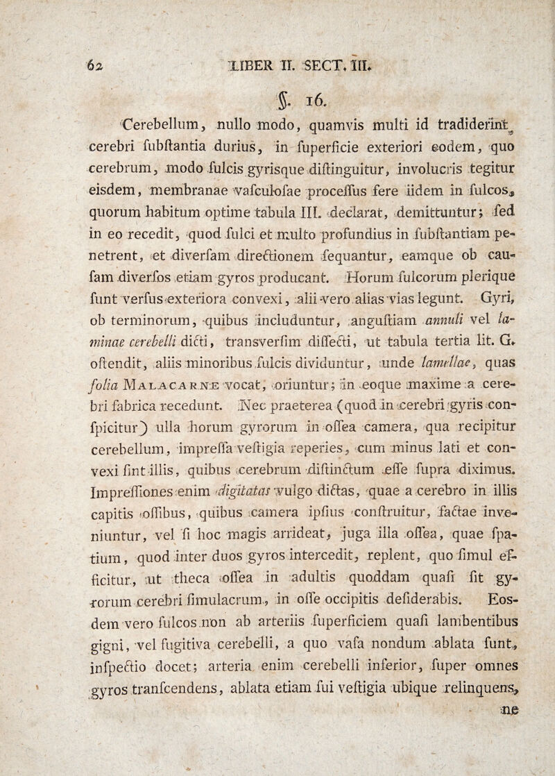 S 16. Cerebellum, nullo modo, quamvis multi id tradiderints cerebri fubftantia durius, in fuperficie exteriori eodem, quo cerebrum, modo fulcis gyrisque diftinguitur, involucris tegitur eisdem, membranae vafcul-ofae proceifus fere iidem in fulcos, quorum habitum optime tabula IIL declarat, demittuntur; fed in eo recedit, quod fulci et multo profundius in fubftantiam pe¬ netrent, ;et diverfam direftionem fequantur, eamque ob cau- fam diverfos etiam gyros producant. Horum fulcorum plerique funt verfus exteriora convexi, alii -vero alias vias legunt. Gyri, ob terminorum, -quibus Includuntur, anguftiam .annuti vel la¬ minae cerebelli dicti, transverfim diifecti, ut tabula tertia lit. G» oftendit, aliis minoribus fuicis dividuntur, tunde lamellae, quas folia Malaca-rn-je*-vocat, (oriuntur; an eoque maxime a cere¬ bri fabrica recedunt. iNee praeterea (quod in cerebri 'gyris con- fpiciturj) ulla horum gyrorum in olfea -camera, qua recipitur cerebellum, imprefla veftigia reperies, cum minus lati et con¬ vexi fint illis, quibus .cerebrum diftinftum .effe fupra diximus. Impreffiones enim ■digitatas -vulgo dictas, quae a cerebro in illis capitis (olhbus, quibus camera ipfius 'conftmitur, faftae inve¬ niuntur, vel fi hoc magis arrideat, juga illa olfea, quae fpa- tium, quod inter duos gyros intercedit, replent, quo fimul ef¬ ficitur, lut itheca olfea in adultis quoddam quafi fit gy¬ rorum cerebri fimulacrum, in ofle occipitis defiderabis. Eos¬ dem vero fulcos.non ab arteriis fuperficiem quafi lambentibus gigni, vel fugitiva cerebelli, a quo vafa nondum ablata funt,, infpectio docet; arteria enim cerebelli inferior, fuper omnes gyros tranfcendens, ablata etiam fui veftigia ubique relinquens.