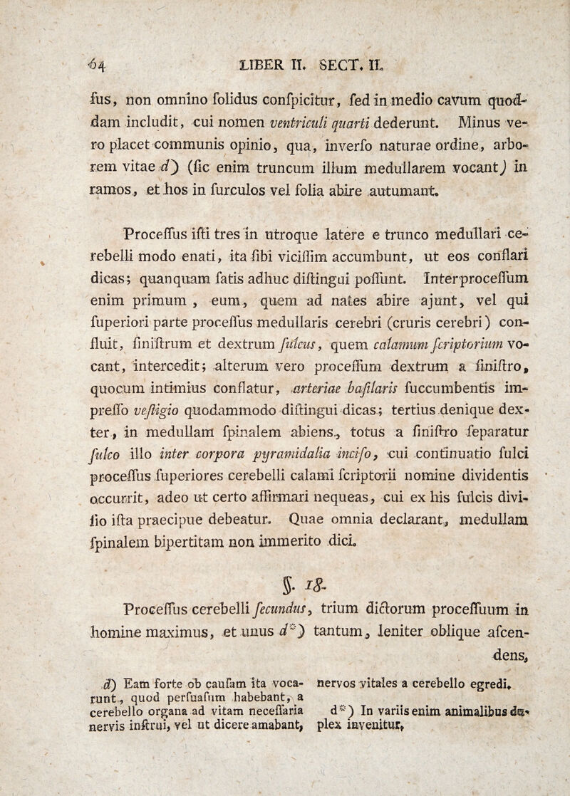 fus, non omnino folidus confpicitur, fed in medio cavum quod¬ dam includit, cui nomen ventriculi quarti dederunt. Minus ve¬ ro placet communis opinio, qua, inverfo naturae ordine, arbo¬ rem vitae d') (fic enim truncum illum medullarem vocant) in ramos, et hos in furculas vel folia abire autumant. Proceffus ifti tres in utroque latere e trunco medullari ce¬ rebelli modo enati, ita fibi viciffim accumbunt, ut eos conflari dicas ; quanquam fatis adhuc diflingui poliunt. Inter proceffum enim primum , eum, quem ad nates abire ajunt, vel qui fuperiori parte proceffus medullaris cerebri (cruris cerebri) con¬ fluit, fmiftrum et dextrum J'ulcus, quem calamum /criptarum vo¬ cant, intercedit; alterum vero proceffum dextrum a fktiflro, quocum intimius conflatur , .arteriae bafilaris fuccnmbentis im- preffo ve/Ugio quodammodo diflingui dicas; tertius denique dex¬ ter, in medullam fpinalem abiens,, totus a fmiflro feparatur fulco illo inter corpora pyramidalia incifo, cui continuatio fulci proceffus fuperiores cerebelli calami fcriptorii nomine dividentis occurrit, adeo ut certo affirmari nequeas, cui ex his fulcis divi- iio ifta praecipue debeatur. Quae omnia declarant,, medullam fpinalem bipertitam non immerito dici i8~ • i Proceffus cerebelli fecundus, trium dictorum proceffuum in homine maximus, et unus d*) tantum, leniter oblique afcen- dens, d) Eam forte ob caufatn ita voca- nervos vitales a cerebello egredi* runt, quod perfuafum habebant, a cerebello organa ad vitam neceflaria d*) In variis enim animalibus cto* nervis infixui, vel ut dicere amabant, plex invenitur* VI,