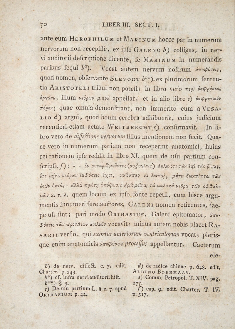 A 70 LIBER IIT. SECT. I, * ' > ante eum Herophilum et Marinum hocce par in numerum nervorum non recepiffe, ex ipfo Galeno b) colligas, in ner¬ vi auditorii defcriptione dicente, fe Marinum in numerandis paribus lequi b). Vocat autem nervum noftrum quod nomen, obfervante Slevogt b**'), ex plurimorum fenten- tia Aristoteli tribui non pote fi; in libro vero rspl octppfeeos opydvn, illum vsvpwv fimpoL appellat, et in alio libro c) cctppTjriuoy TTopov* quae omnia demon ftrant, non immerito eum a Vesa- lio d') argui, quod boum cerebra adhibuerit, cuius judicium recentiori etiam aetate Weitbrecht e) confirmavit In li¬ bro vero de diffeffiione nervorum illius mentionem non fecit. Qua¬ re vero innumerum parium non receperint anatomici, huius rei rationem ipfe reddit 111 libro XI. quem de ufu partium con« fcripflt f) l - - ov &vvcipid‘piovPTeg[<7v£vyI-oiig} dyXovori rrjv &Tjrl rxg pTvxg^ ori pbTjrs vevpcvv sK(p'V<J€ig nxSfxjrsp xi Xoiiraj y pLyjrs dieuirlirret r&v ocgoov turog- xXkx Ttpwr] xivoCpvrig xpiS^arctj rx fxxkxnx v&vpx rxv o(p$xX~ fiSv r. A. quem locum ex ipfo fonte repetii, cum hisce argu¬ mentis innumeri tere auttores, Galeni nomen reticentes, fae- r- ' .. * 4: - , : ■ -  ■ • ' ;• ■ : - . V. .. pe ufi fint; pari modo Oribasius, Galeni epitomator, aro* (pvaeig rwv rrporSflcvy noihwv vocavit; minus autem nobis placet Ra¬ sa rii verfio, qui exortus anteriorum ventriculorum vocat; pleris- que enim anatomicis dmcpvtretg jprocejfus appellantur* Caeterum eic- 6) de nervn difleft. c. 7* edit Charter. p.243. b*) cf. infra nervi auditorii hift. b®*) § 3* c) De ufu partium L. 8.c. 7. apud Oribasium p, 44/ d) de radice chinae p. 648. edit Albino Boerhaav. e) Comm. Petropol. T.XIV. pag* 277* /) cap, 9, edit» Charter» T» IV? P> 5i7* /