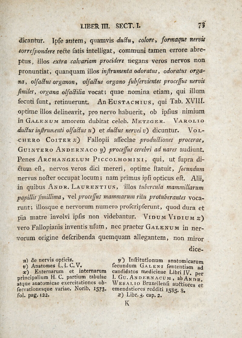 dicantur. Ipfe autem, quamvis duStu, colore i formaque nervis sorrefpondere rette fatis inteiligat, communi tamen errore abre¬ ptus , illos extra, calvariam procidere negans veros nervos non pronuntiat, quanquam illos infirumenta odoratus, odoratus orga¬ na, olfadus organon, olfaMus organo fiwfervienies proceffus nervis fi miles, organa olfaStilia vocat; quae nomina etiam, qui illum fecuti funt, retinuerunt An Eustachxus, qui Tab. XVIII. optime illos delineavit, pro nervo habuerit, ob iplius nimium in G At en um amorem dubitat celeb. Metzger. Varolio dudus infirumenti olfadus u) et dubius nervei v) dicuntur. Vol- *chero Coiter xf Fallopii afleclae produbliones procerae, Guintero Andernaco y) proceffus cerebri ad nares audiunt Renes Archangelum Piccolhomini, qui, ut fupra di- Autn eft, nervos veros dici mereri, optime ftatuit, fecundum nervus nofter occupat locum; nam primus ipfi opticus eft. Alii, in quibus Andr. Laurentius, illos tubercula mammillarum papillis fimitlima, vel proceffus mammarum ritu protuberantes voca¬ runt; ili osque e nervorum numero profcripferunt, quod dura et pia matre involvi ipfis non videbantur. Vidum Vi dium z) vero Fallopianis inventis ufum, nec praeter Galenum in ner¬ vorum origine defcribenda quemquam allegantem, non miror ' %) de nervis opticis, tr) Anatomes L. L C.V* x) Externarum et internarum principalium H. C. partium tabulae atque anatomicae exercitationes ob- fervationesque variae. Norib» 1573. fol. pag. 1'2,2+ dice- Inftitutlonum anatomicarum fecundum Galeni fententiam ad candidatos medicinae Libri IV. per I» Gu. Ande rn ac u m j ab An d u Wesauo Briixellenfi auftiores et emendatiores redditi 1585. 8* sr) Libr. 3. cap, 2. K