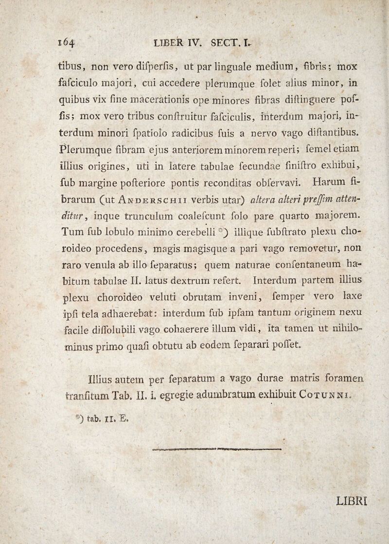 tibiis, non vero difperfis, ut par linguale medium, fibris; mox fafciculo majori, cui accedere plerumque folet alius minor, in quibus vix fine macerationis ope minores fibras difiinguere pof- fis; mox vero tribus conftruitur fafciculis, interdum majori, in¬ terdum minori fpatiolo radicibus fu is a nervo vago di flantibus. Plerumque fibram ejus anteriorem minorem reneri; femel etiam illius origines, uti in latere tabulae fecundae finiftro exhibui, fub margine pofteriore pontis reconditas obfervavi. Harum fi¬ brarum (ut An derschxi verbis utar) altera alteri prejfim atten¬ ditur, inque trunculum coalefcunt folo pare quarto majorem. * Tum fub lobulo minimo cerebelli ®) illique fubftrato plexu cho¬ roideo procedens , magis magisque a pari vago removetur, non raro venula ab illo feparatus; quem naturae confentaneum ha¬ bitum tabulae II. latus dextrum refert. Interdum partem illius plexu choroideo veluti obrutam inveni, femper vero laxe ipfi tela adhaerebat: interdum fub ipfam tantum originem nexu facile dilFolubili vago cohaerere illum vidi, ita tamen ut nihilo¬ minus primo quafi obtutu ab eodem, feparari pollet. Illius autem per feparatum a vago durae matris foramen tranfitum Tab. II. i. egregie adumbratum exhibuit Cotunni. *) tab. II. E. ¥ ' ' ''i ( ■ ** ' .. .•.$ V' —^J jOtgBBMWBWi ■ rr, WPMMw■ ■■ — —