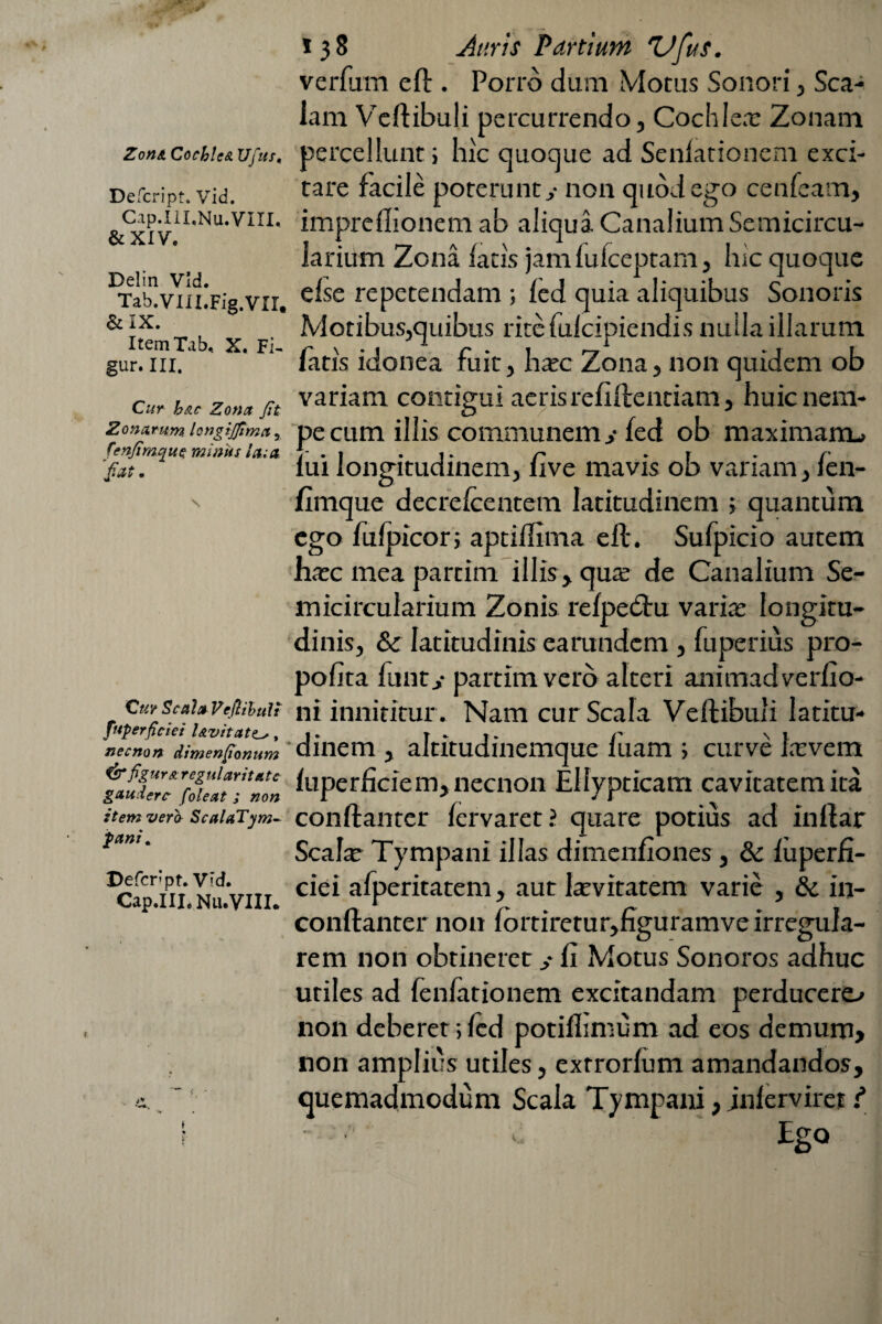 Zon& Cochlea Uftts« Defcript. Vid. Cap.III,Nu. VIII, &XIV. Delin Vid. Tab.VIII.Fig.VII. & IX. Item Tab, X. Fi- gur. III, C«r hac Zona fit Zonarum longijfima, fenfimque minus ia;a Jat • Cur Scala Vefiihuli fuperficiei l&vit at e_s, nec non dimenfionum & figura r egui ar itate gaudere fole at ; non item vera ScalaTym- pani. Defer pt. Vid. Cap.III.Nu.VIII. 138 .Zmr Partium Ufus. verfum eft . Porro dum Motus Sonori, Sca¬ lam Vertibuli percurrendo, Cochleae Zonam percellunt; hic quoque ad Senlationem exci¬ tare facile poterunt y non quod ego cenfeam, imprertionem ab aliqua Canalium Semicircu¬ larium Zona fatis jam fufeeptam, hic quoque e Ise repetendam ; fed quia aliquibus Sonoris Motibus,quibus ritefulcipiendis nulla illarum fatis idonea fuit, hxc Zona, non quidem ob variam contigui aeris refiftentiam, huic neni¬ ae cum illis communem y fed ob maximamj : ui longitudinem, five mavis ob variam, fen- fxmque decrefcentem latitudinem ; quantum ego fufpicor; aptiflima eft. Sufpicio autem fuee mea partim illis, qua: de Canalium Se¬ micircularium Zonis refpedtu variae longitu¬ dinis, & latitudinis earundem , fuperius pro- pofita fiinty partim vero alteri animadverfio- ni innititur . Nam cur Scala Vertibuli latitu¬ dinem , altitudinemque luam ; curve Ixvem fuperftciem,necnon Ellypticam cavitatem ita conftanter fervaret.3 quare potius ad inftar Scala: Tympani illas dimenfiones, & fuperfi- ciei afperitatem, aut kevitatem varie , & in¬ eo nftanter non fortiretur,figuramve irregula¬ rem non obtineret y fi Motus Sonoros adhuc utiles ad fenfationem excitandam perducere-» non deberet ;fed potiflimum ad eos demum, non amplius utiles, extrorfum amandandos, quemadmodum Scala Tympani, jnferviret f