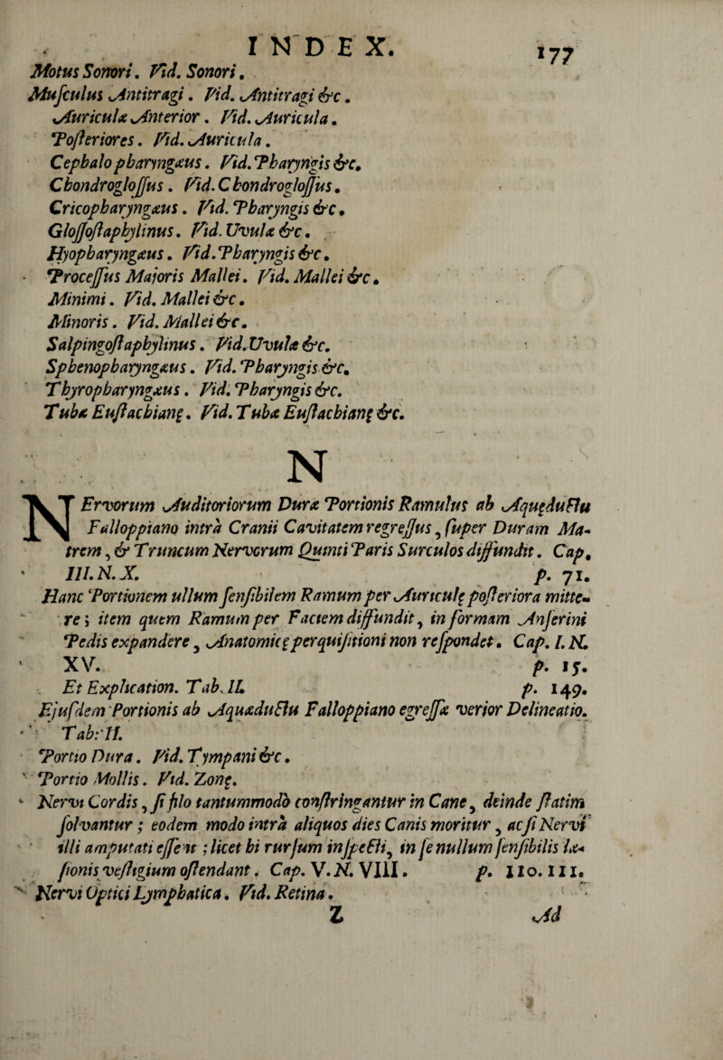 Motus Sonori. Fid. Sonori. Mufculus Antitragi. Fid. Antitragi &c. Auriculx wAnterior. Fid. Auricula. Pofteriores. Fid. Auricula. Cephalopbaryngxus. 'Pharyngis &c. Cbondroglojjus. Fid. C kondrogloffus. Cricopharyngeus. Fid. 'Pharyngis &c . GloJJoftapbylinus. Fid.Uvulx&c. Hyopbaryngaus. Pharyngis &c. • ProceJJus Majoris Mallei. Fid. Mallei&c. Minimi. Fid. Mallei &c. Minoris. Fid. Mali ei &c. SalpingoJfapbjlmus. Fid.Uvula &c. Sphenopharyngxus. Fid. Pharyngis &c. Thjropbaryngxus. Fid. Pharyngis &c. Tubx Eujlacbiant. Fid. Tubx Eujlacbian$ &c. N Ervorum Auditoriorum Dure Portionis Ramulus ah Aqu§duFfu Falloppiano intra Cranii Cavitatem regreflus 3 fuper Duram Ma* trem. & Tf uncum Nervorum Quinti Paris Surculos diffundit. Cap. ' 111. N. X ' />. 71. Hanc Portionem ullum fenfibilem Ramum per Aurtcul^ pojteriora mitte- re\ item quem Ramum per F'aciem diffundit, in formam Anjerini Pedis expandere 5 Anatomicaperquifitioni non rcfpondet. /. /\T. XV. />. ij. Et Exphcation. TabJL p. 149. Ejufdem Portionis ab AquxduElu Falloppiano egrejfx verior Delineatio. ' * T ab: U. Portio Dura. Fid. Tympani&c. • Portio Mollis. Fid. Zon£. - T&td* Cordis ,Jifilo tantummodo confringantur in Cane 5 deinde Jlatim Jolvantur; eodem modo intra aliquos dies Canis moritur 5 acJiNervi illi amputati ejfe n ; licet hi rurjum injpefli, iw nullum fenjibilis lx< fionisvefhgium oflendant. Cap. \.N. VIII. p. Ilo. ll1. Nervi Optici Lymphatica. Ftd. Retina. ^ Z Ad