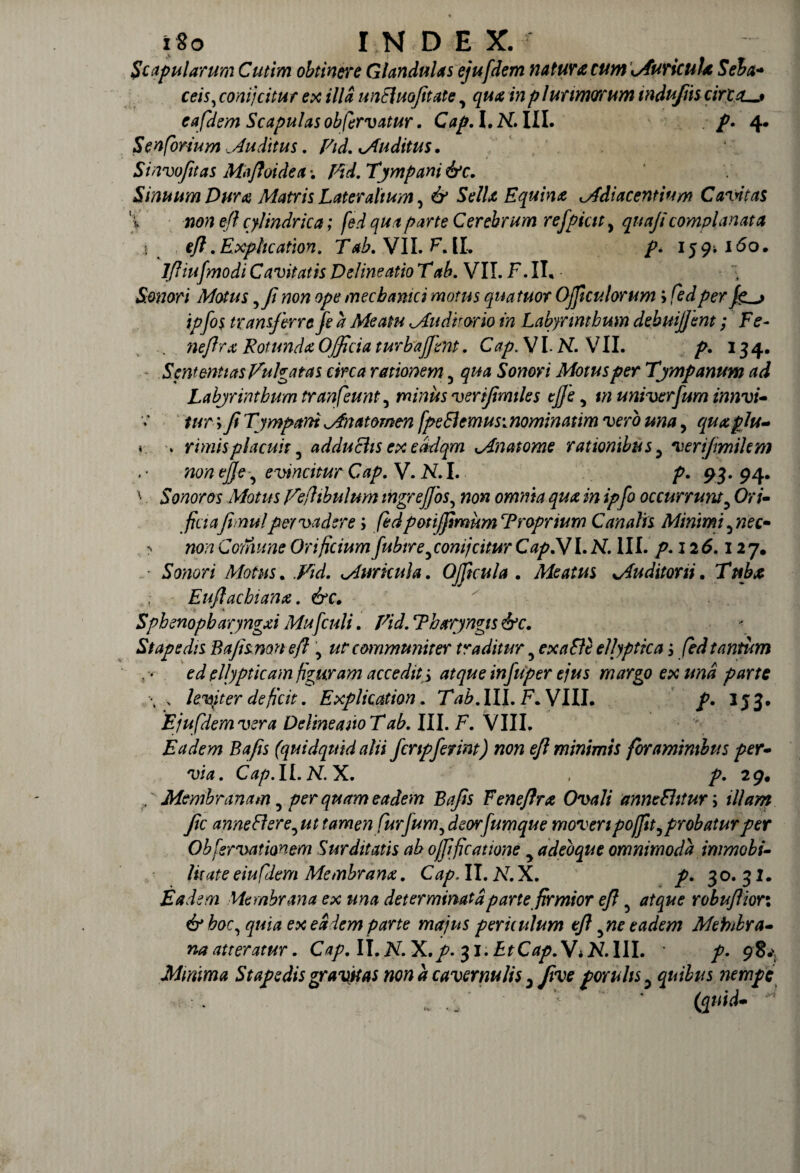 Scapularum Cutim obtinere Glandulas ejufdem natura cum Murie uU Seba* ceis, conijcitut ex illa unSluofitate, qua inp lurimorum tndufns circis eafdem Scapulas obfervatur. Cap. I. H> III. p. 4. S en forium Muditus. Fid, Muditus» Sinvofitas Mafioidea-. Fid. Tympani &c. Sinuum Dura Matris Lateralium , & 5V/Ac Equina Mdiacentium Cavitas X non efi cylindrica; fed qua parte Cerebrum refpictty quajt complanata \ efi .Exphcation. Tab.YII.F.IL p- 15 9* 160. ljliufmodi Cavitatis Delineatio Tab. VII. F. II* 'i Sonori Motus ,fi non ope mechanici motus qua tuor OJficu lorum; fed per fgs ipfos transferre fi a Meatu Mudkorio in Labyrinthum debuijjent; Fe- neflrx Rotunda Officia turbajjem. Cap.Vl. H. VII. p. 134. - Sententias Vulgatas circa rationem, qua Sonori Motus per Tympanum ad Labyrinthum tranfeunty minus verijimiles efi e, tn univerfum innvi- fur; fi Tympani Mn at omen fpeSlemusvnominatim vero una y qux plu- ». * rimisplacuit 5 adduchs ex eddqm Mn atome rationibus 5 verijmilem , • non efie, evincitur Cap. V. N. I. p. 93. 94. '■ Sonoros Motus Vefhbulum ingrejjos, «o« in ipfo occurrunt? 0n- ficiafinul pervadere; fed poti fimum Troprium Canalis Minimi ynec* > Comme Orificium fubtre, conijcitur Cap.W I. N. III. p.126.127. ' Sonori Motus. .FW. Muricula. OJficula . Meatus Muditoni. , Eufiachianx. &c. Sphenopharyngxi Mu finii. Fid. Tbaryngts &c. Stapedis Bafismn eft \ ut communiter traditur , ex a Sii ellyptica s /W tantum ed ellypticam figuram accediti atque infuper ejus margo ex und parte \ > leviter deficit. Explication. Tab. II|. F. VIII. /. 353. Ejufdem vera DclineaitoTab. III. F. VIII. Eadem Bafis (quidquid alii firtpfirim) non efi minimis foraminibus per- 'uitf. C^.II. FT. X. , p. 29. . Membranam 5 per quam eadem Bafis Fenefirx Ovali anmShtur; y/c anneSlere,ut tamen furjum, deorfumque moveri poffit, probatur per Obfervationem Surditatis ab ojfificatione y adeoque omnimoda immobi¬ litate eiufdem Membranx. Cap. II. N. X. p. 3 o. 31. Eadem Membrana ex una determinataparte firmior efi atque robufiior: & hoc, quia ex eadem parte majus periculum tfi ^ne eadem Mehilra- na atteratur. Cap.lX.N.X.p. 31. Cap.WiN.III. t- 98* Minima Stapedis gravjtas non a cavernulis 3 Jive forulis, quibus nempe